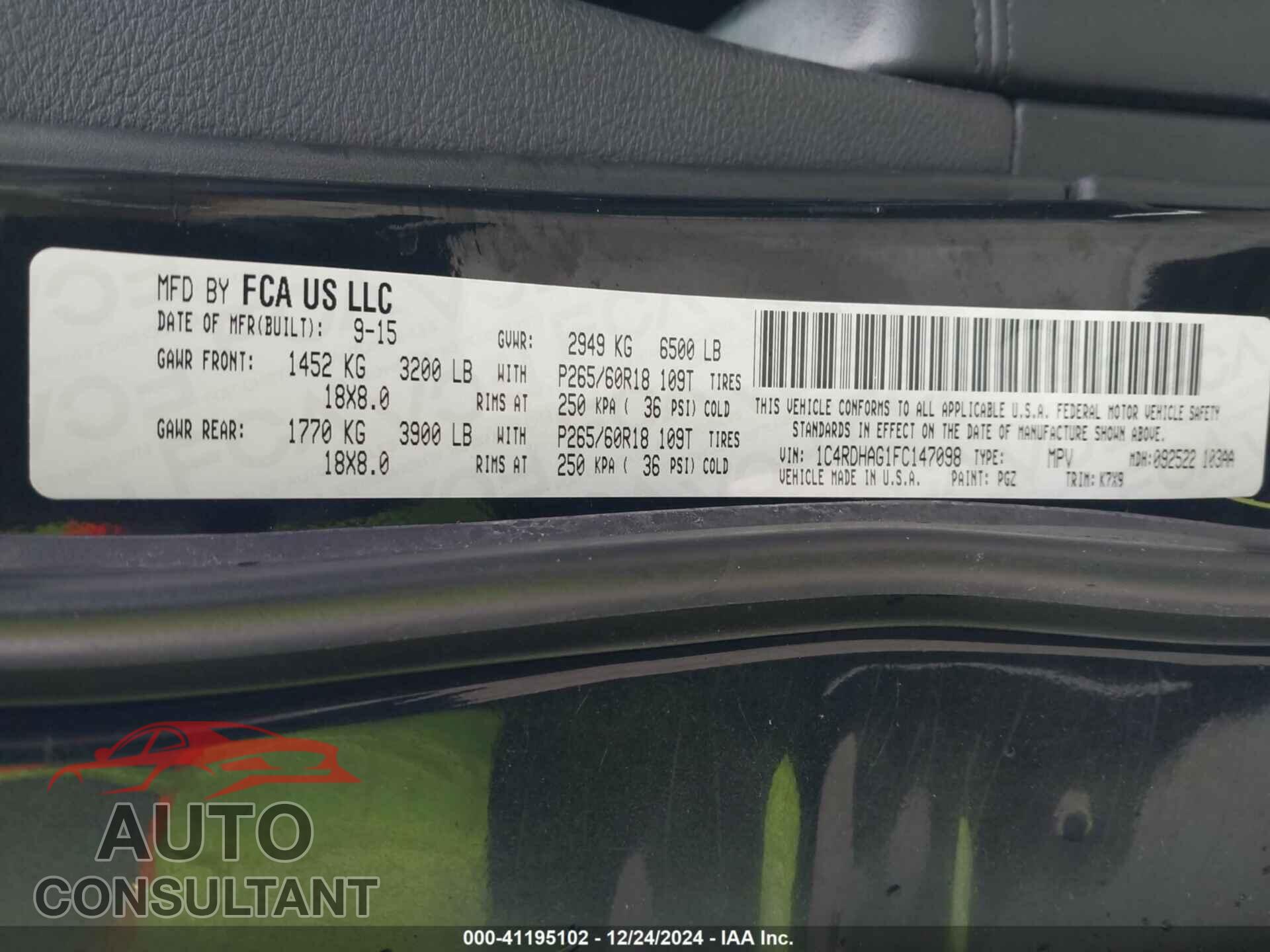 DODGE DURANGO 2015 - 1C4RDHAG1FC147098