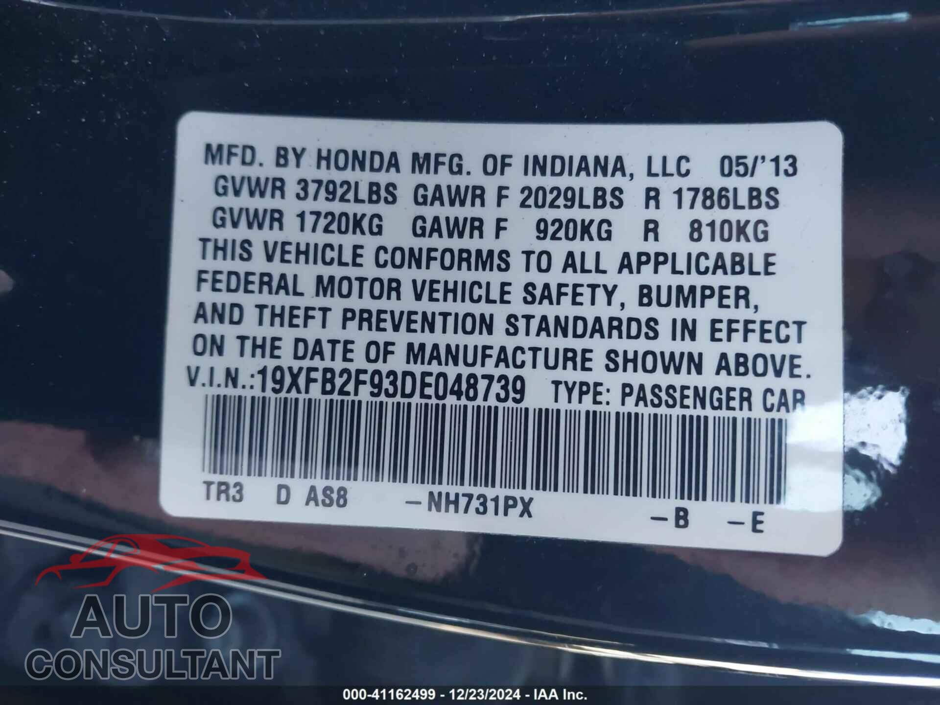 HONDA CIVIC 2013 - 19XFB2F93DE048739