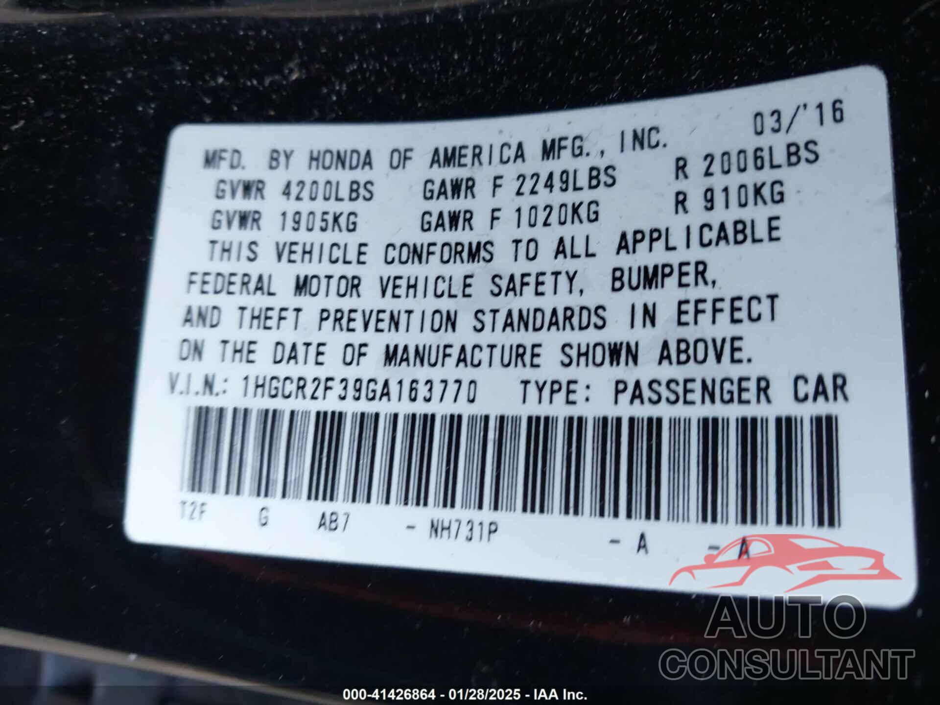 HONDA ACCORD 2016 - 1HGCR2F39GA163770