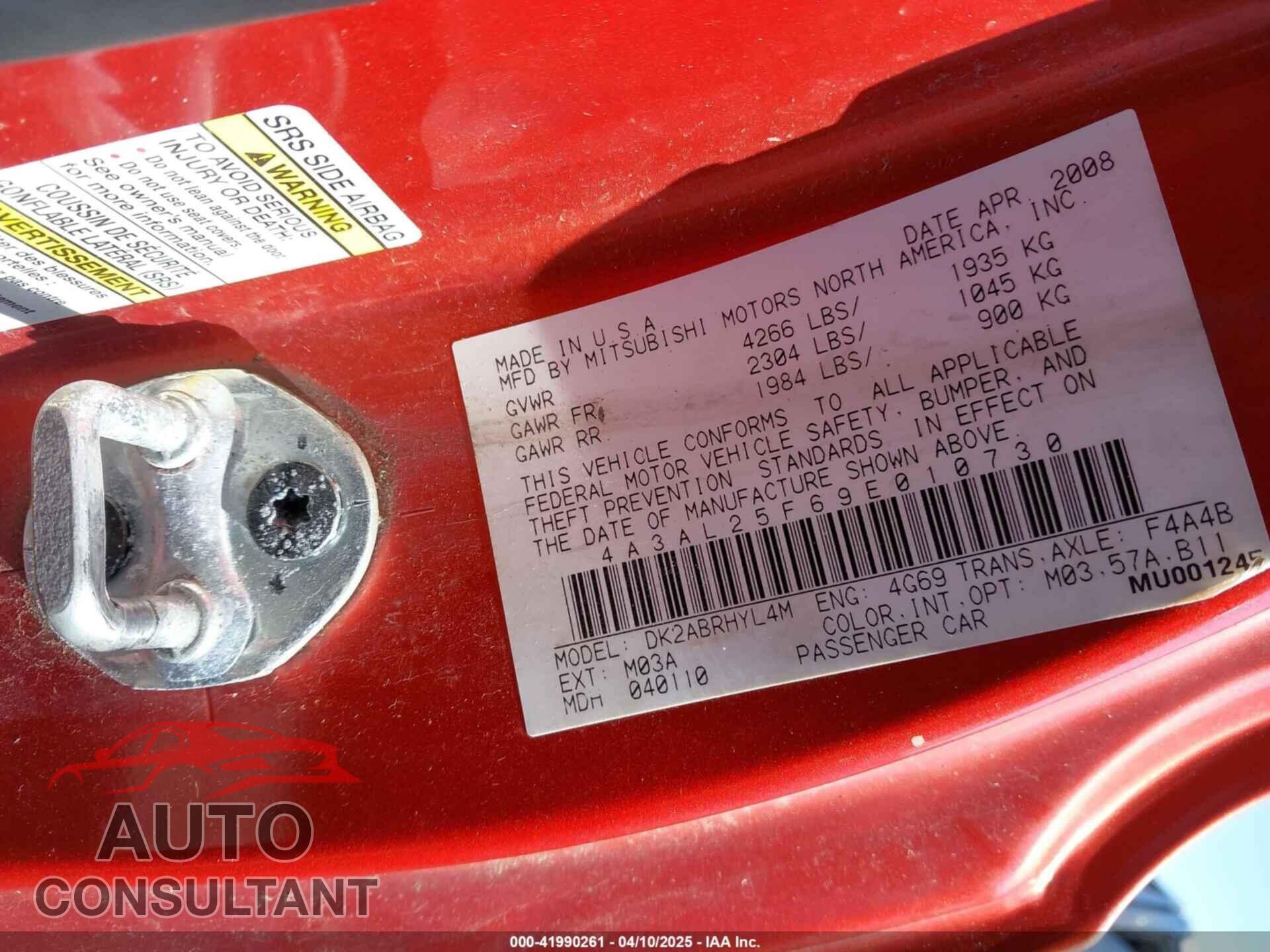MITSUBISHI ECLIPSE SPYDER 2009 - 4A3AL25F69E010730