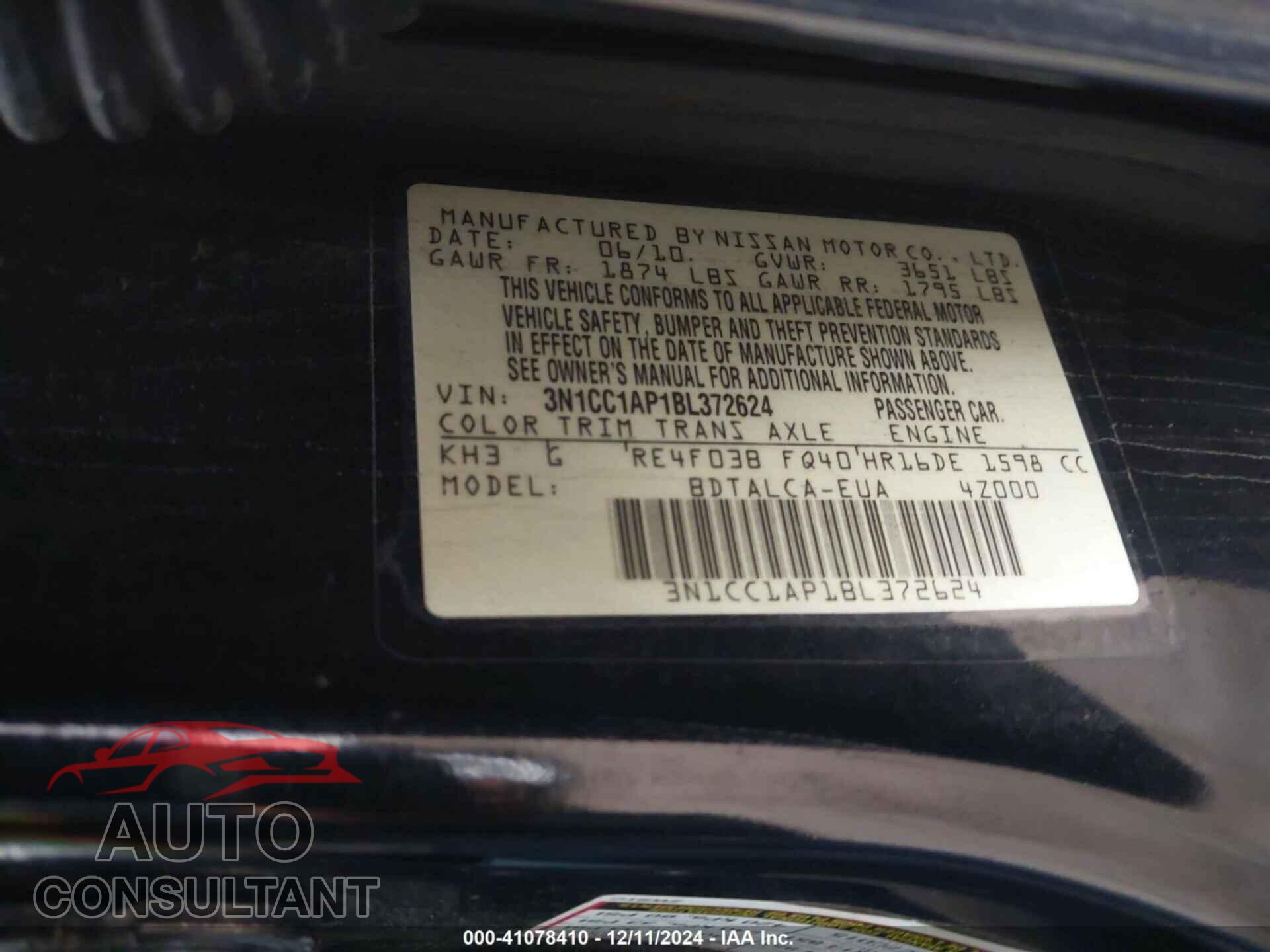 NISSAN VERSA 2011 - 3N1CC1AP1BL372624