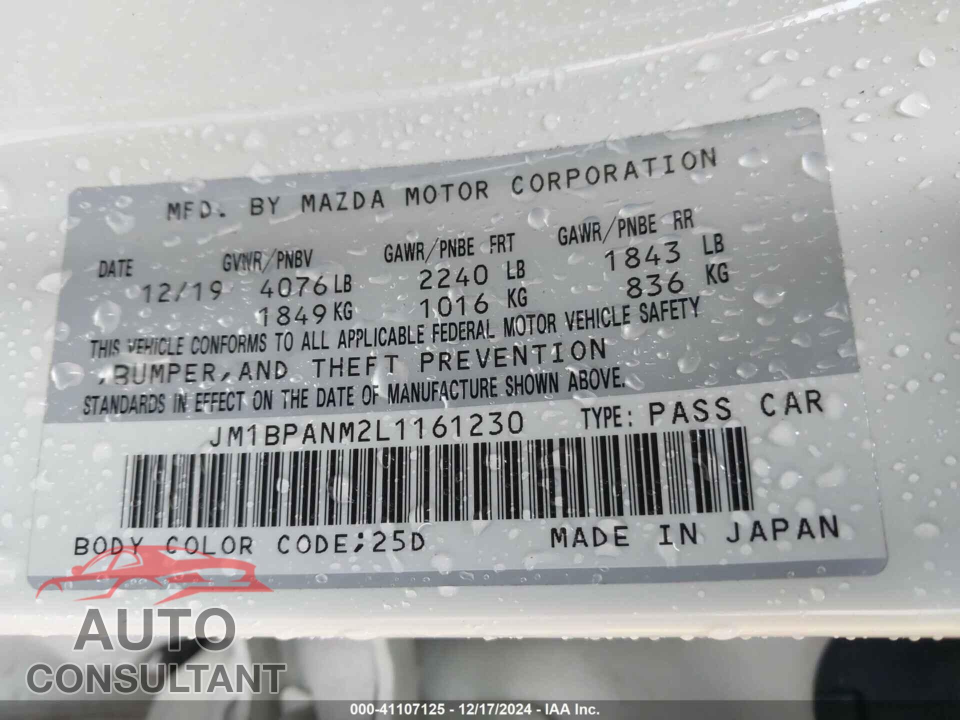 MAZDA MAZDA3 2020 - JM1BPANM2L1161230