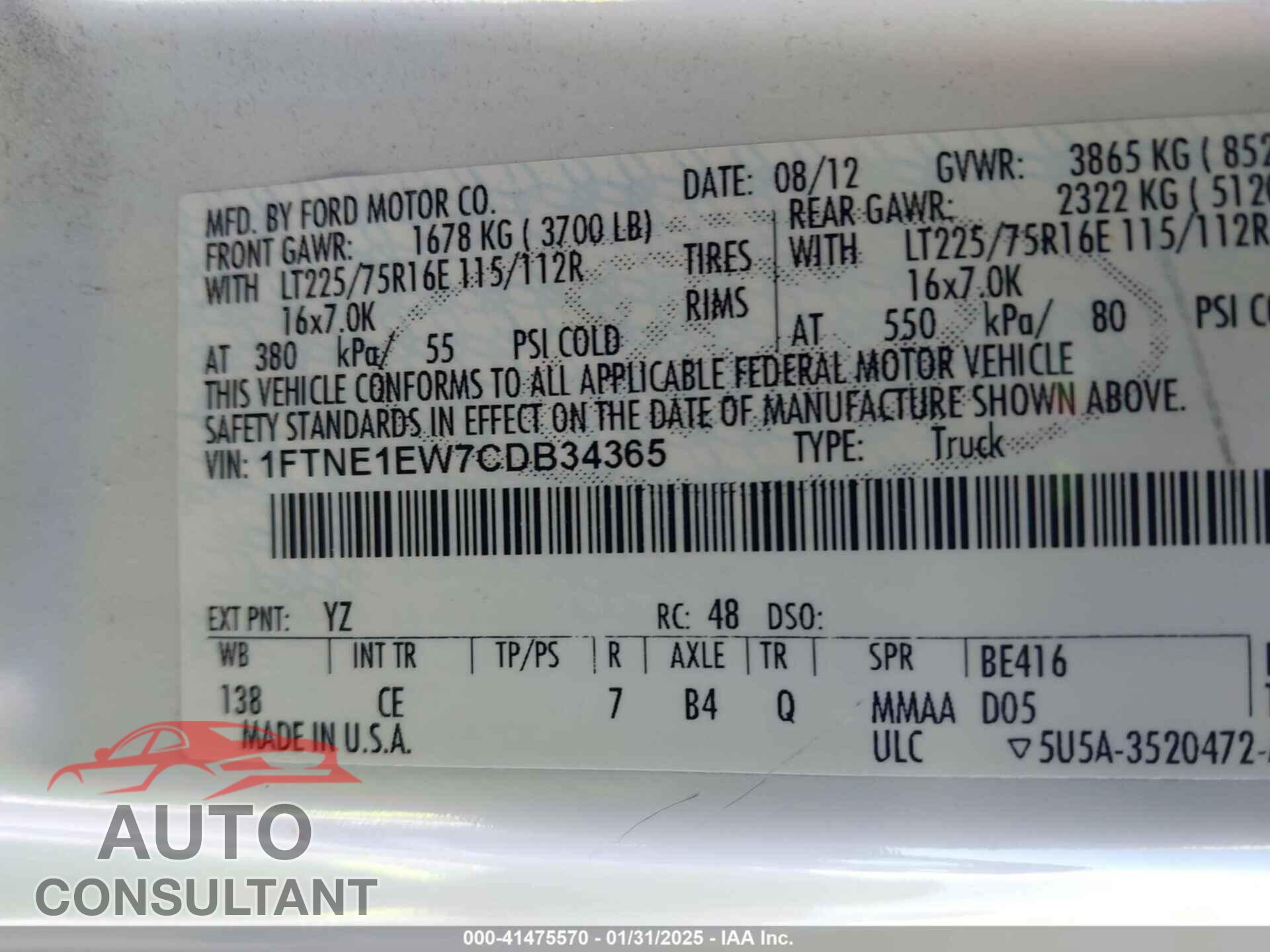 FORD E-150 2012 - 1FTNE1EW7CDB34365
