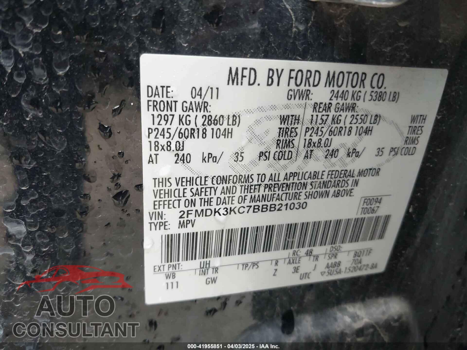 FORD EDGE 2011 - 2FMDK3KC7BBB21030