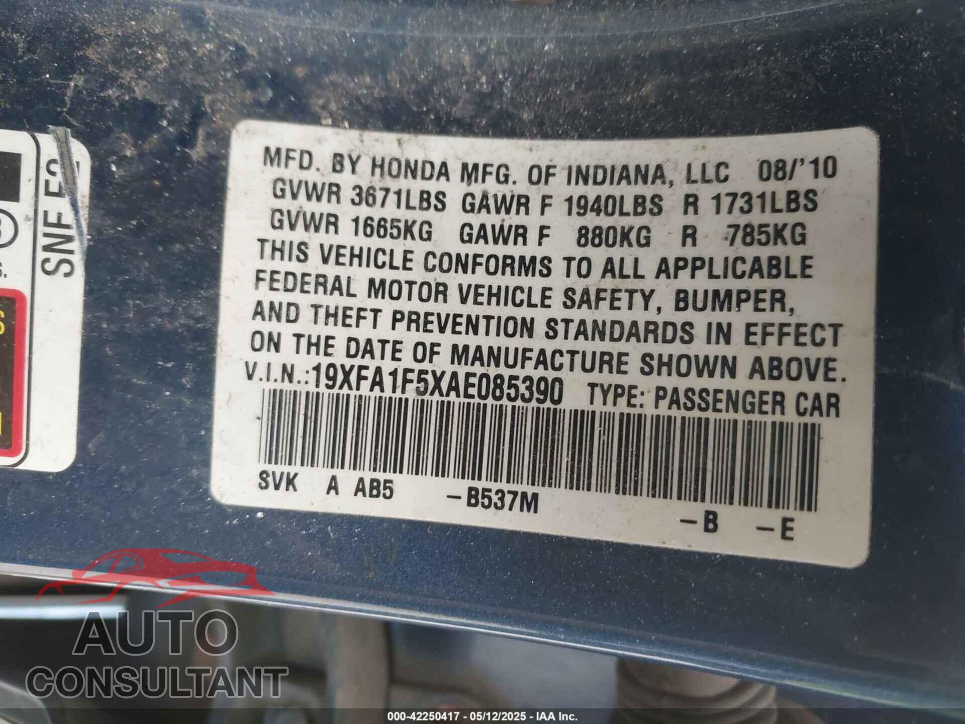 HONDA CIVIC 2010 - 19XFA1F5XAE085390