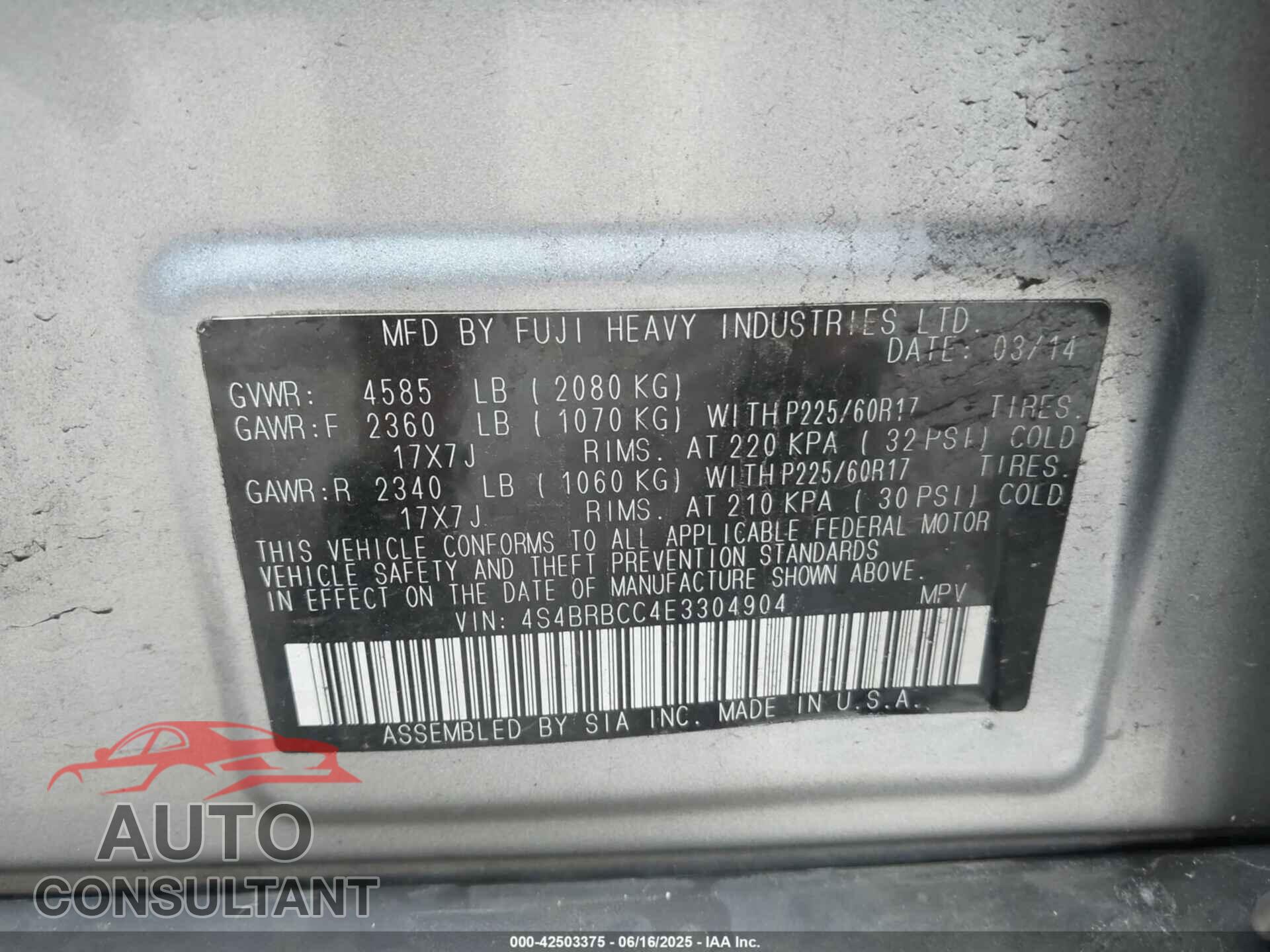 SUBARU OUTBACK 2014 - 4S4BRBCC4E3304904