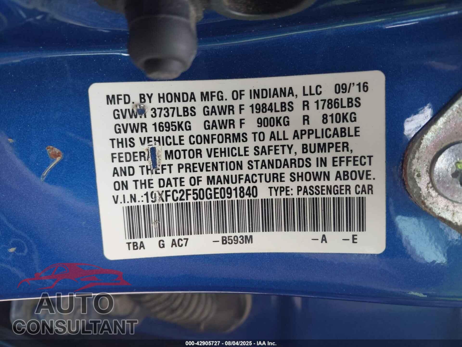 HONDA CIVIC 2016 - 19XFC2F50GE091840