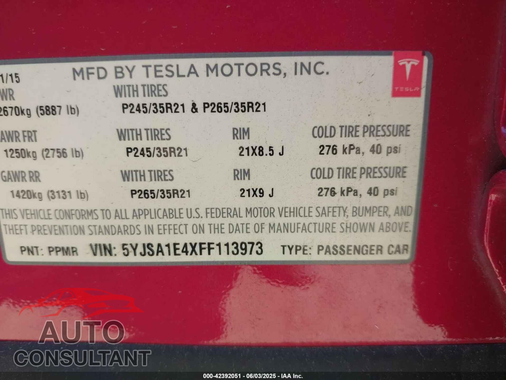 TESLA MODEL S 2015 - 5YJSA1E4XFF113973
