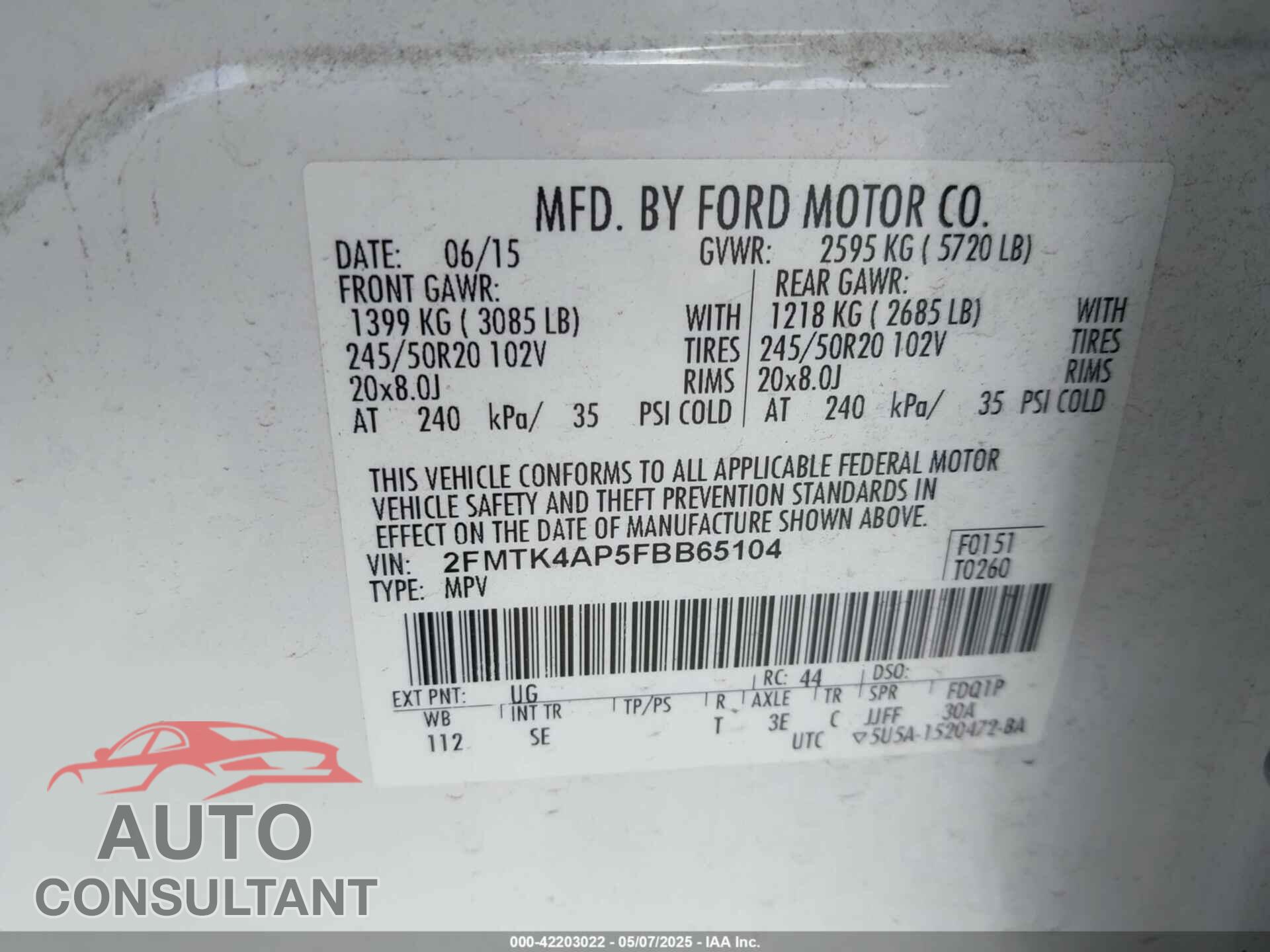 FORD EDGE 2015 - 2FMTK4AP5FBB65104