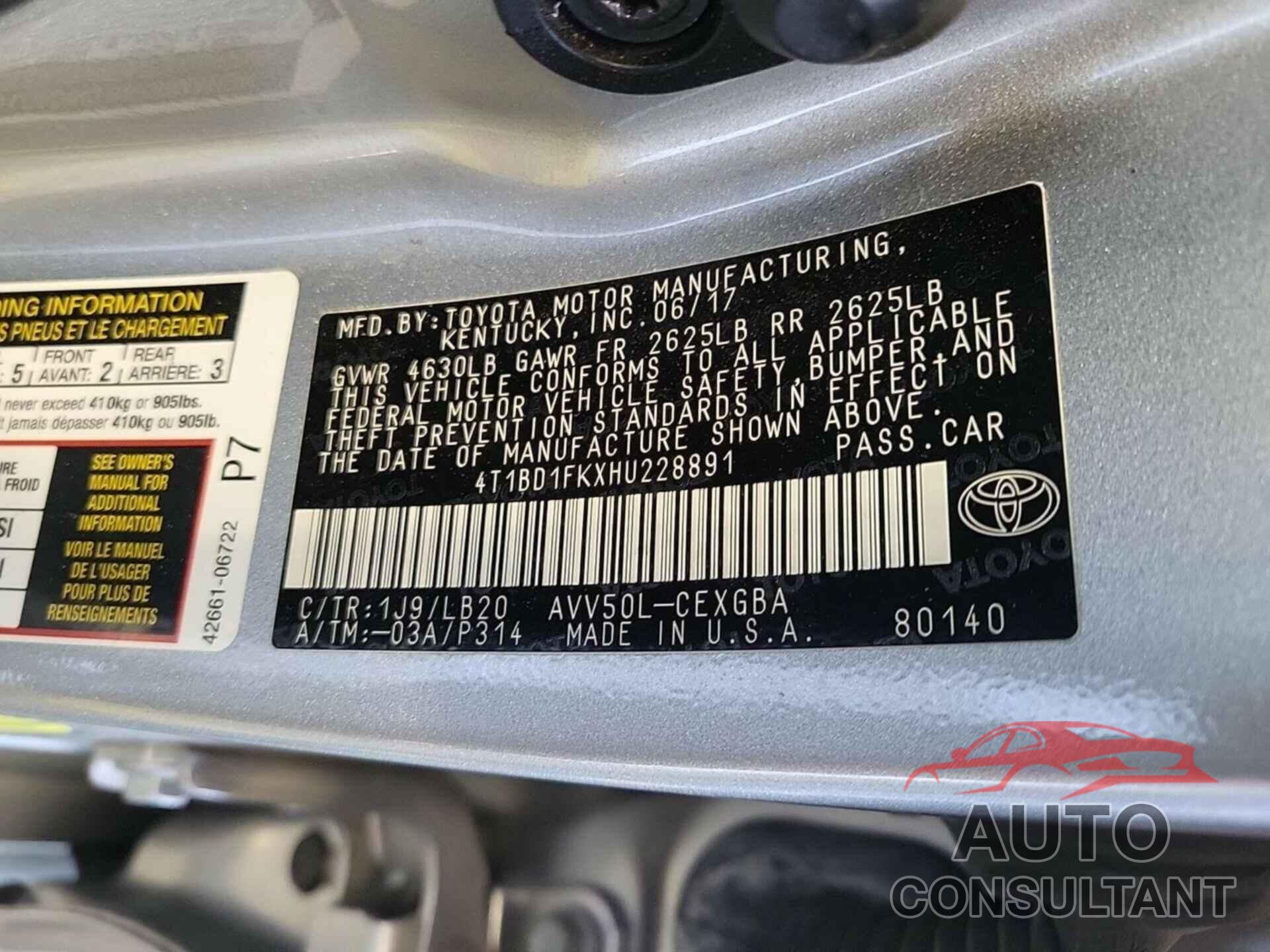 TOYOTA CAMRY 2017 - 4T1BD1FKXHU228891