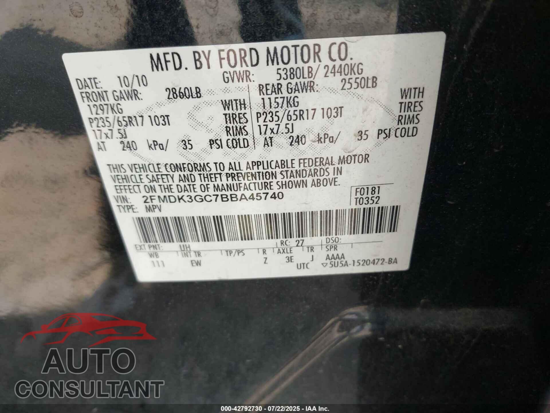FORD EDGE 2011 - 2FMDK3GC7BBA45740
