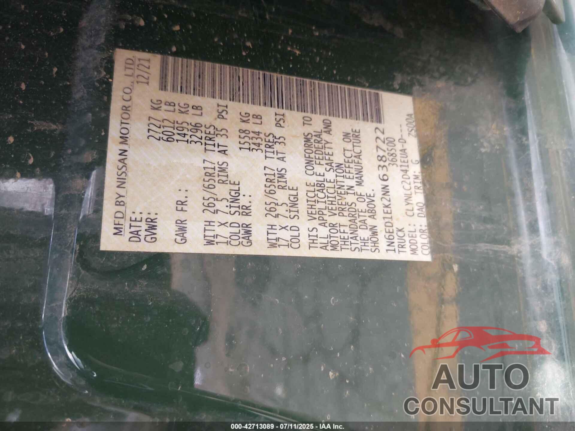 NISSAN FRONTIER 2022 - 1N6ED1EK2NN638722