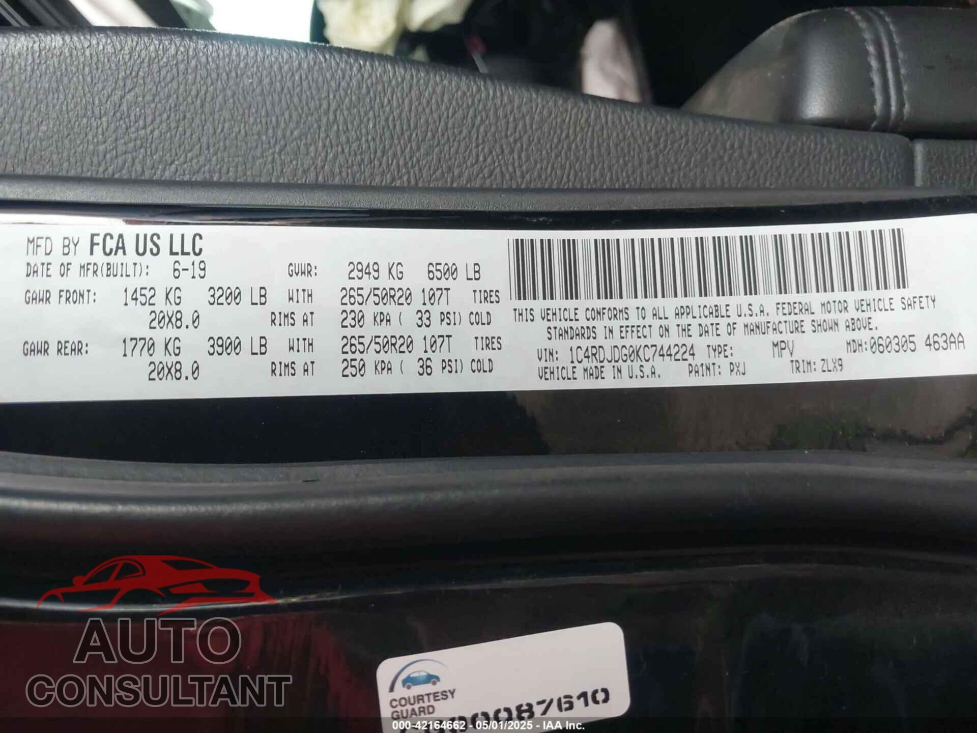 DODGE DURANGO 2019 - 1C4RDJDG0KC744224