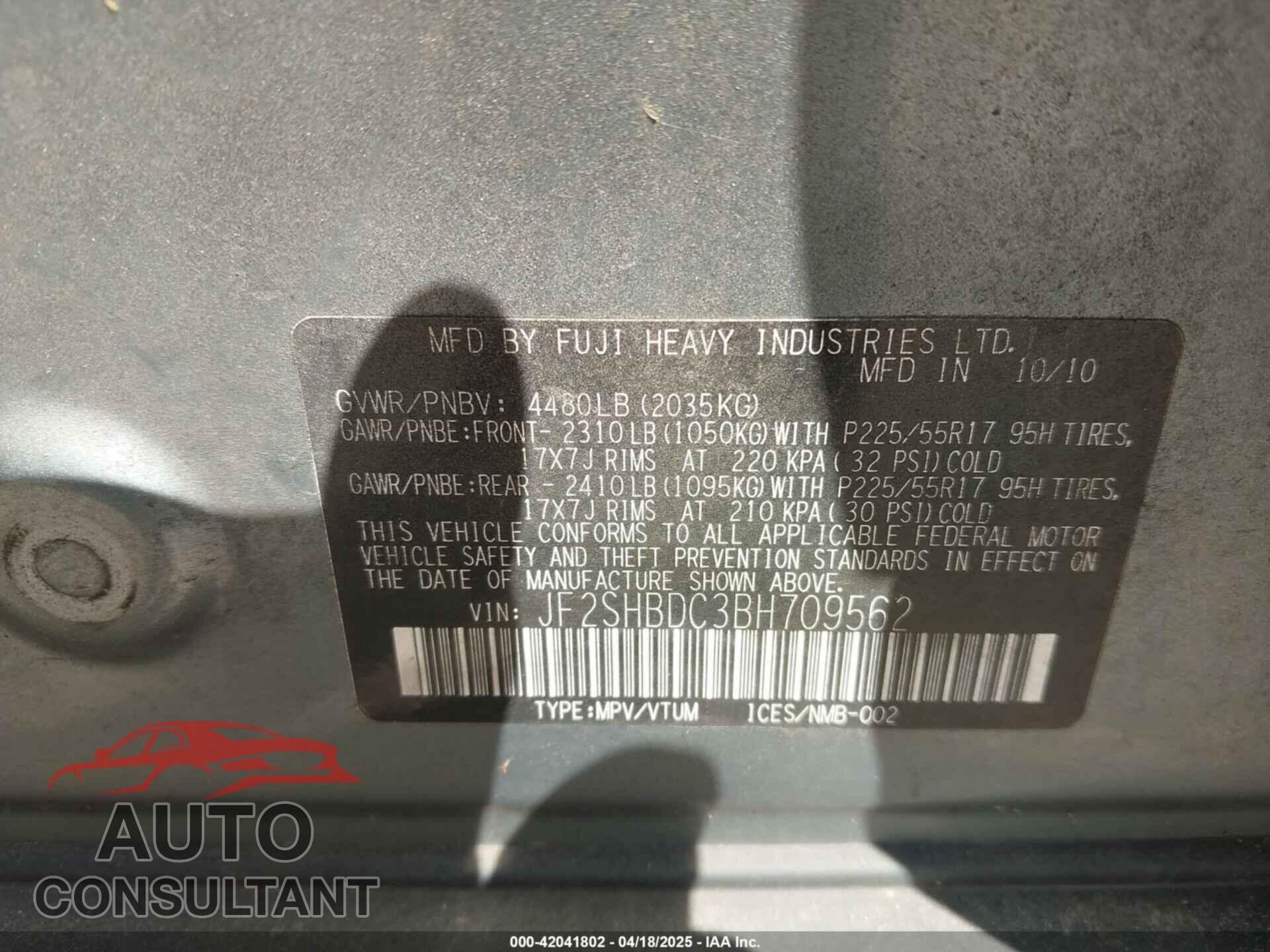 SUBARU FORESTER 2011 - JF2SHBDC3BH709562