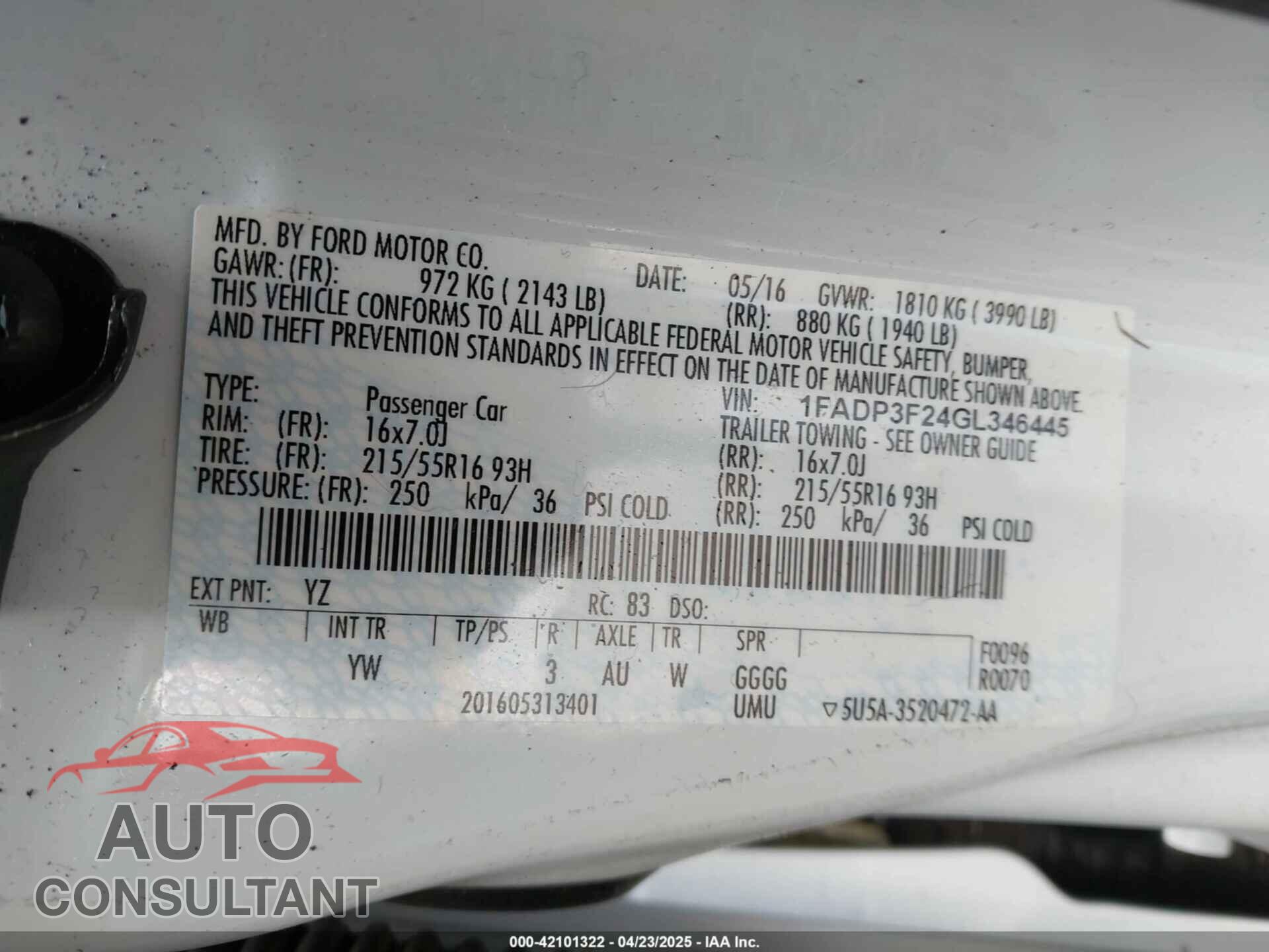 FORD FOCUS 2016 - 1FADP3F24GL346445