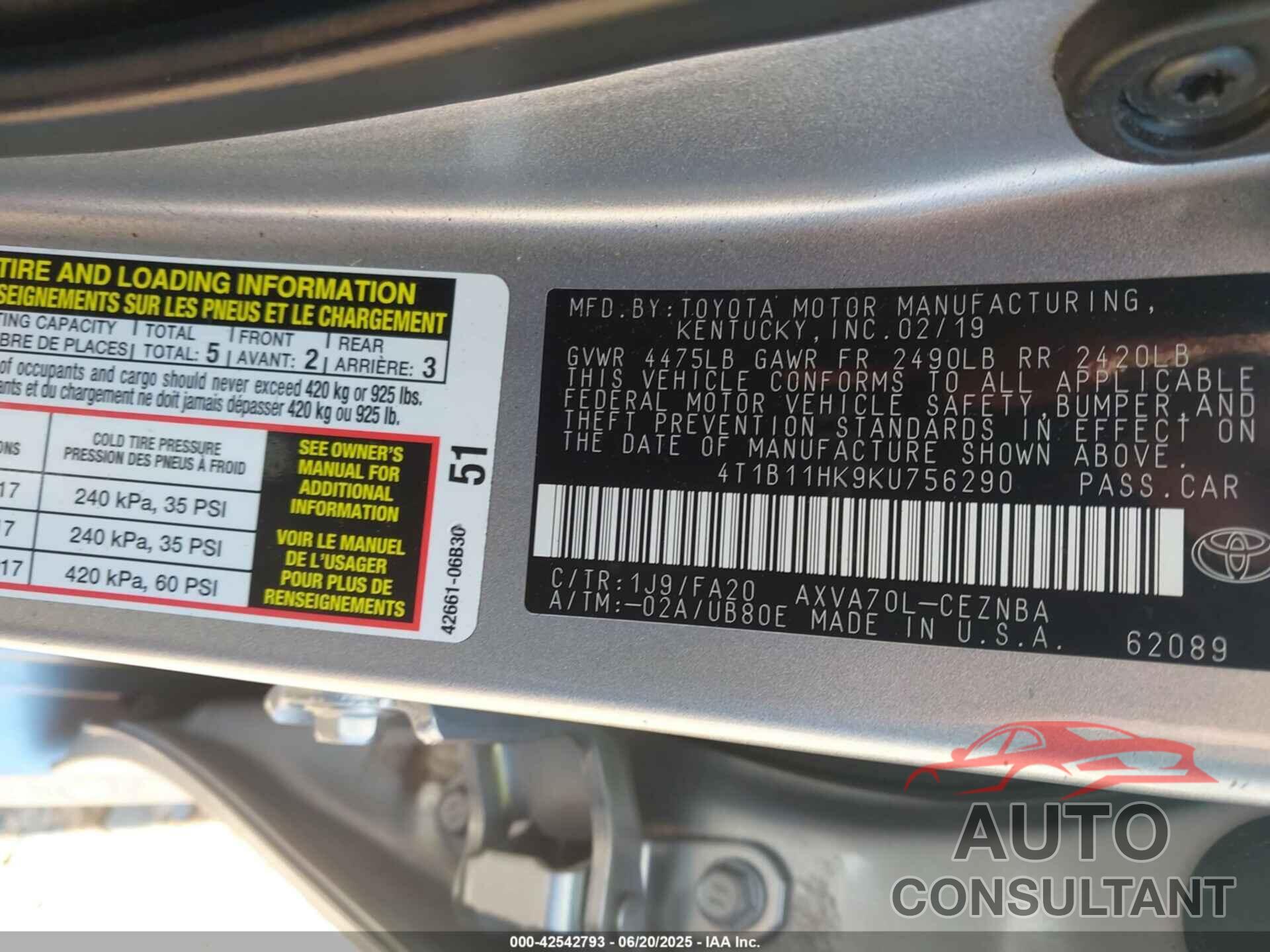 TOYOTA CAMRY 2019 - 4T1B11HK9KU756290