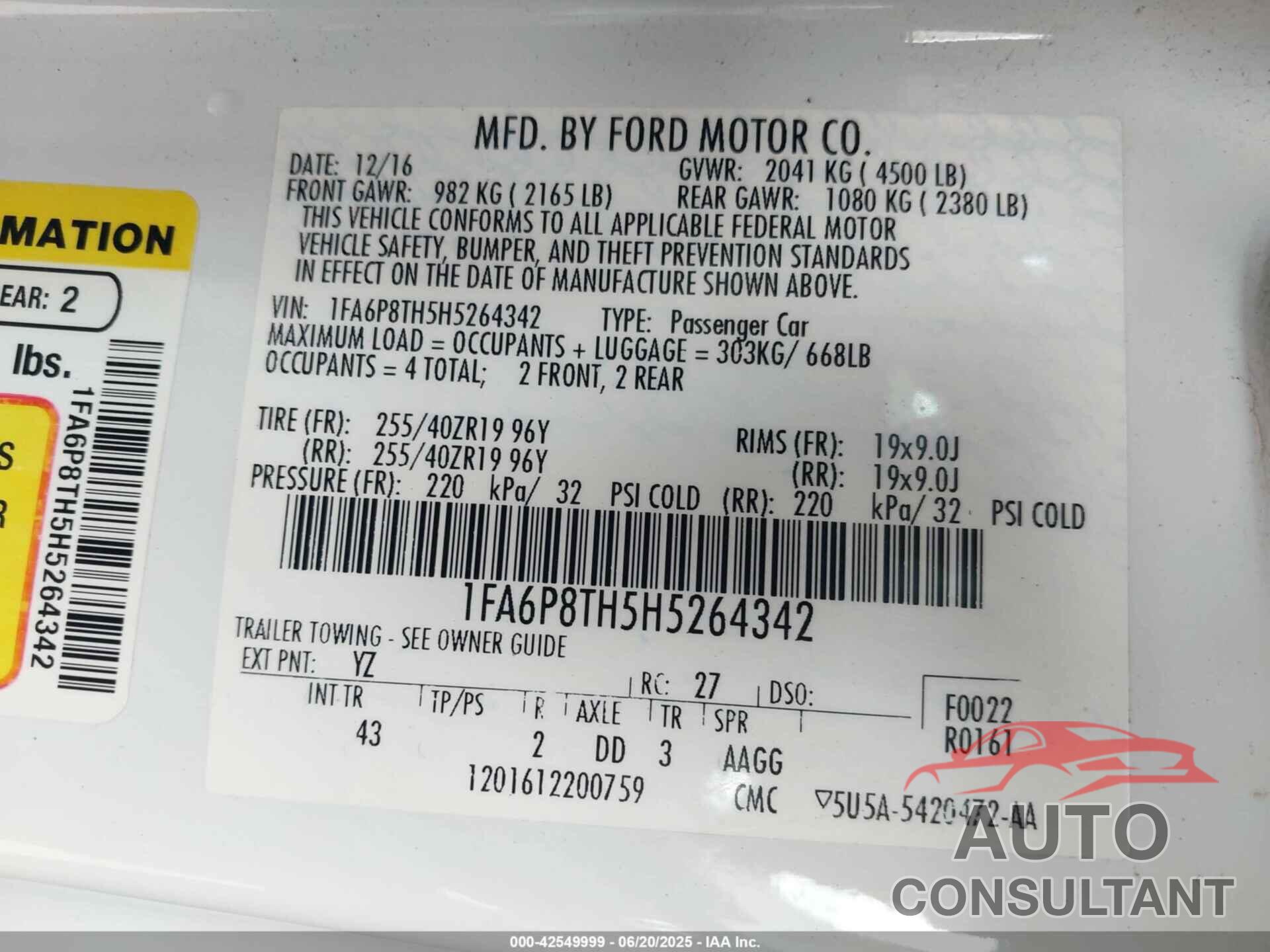 FORD MUSTANG 2017 - 1FA6P8TH5H5264342