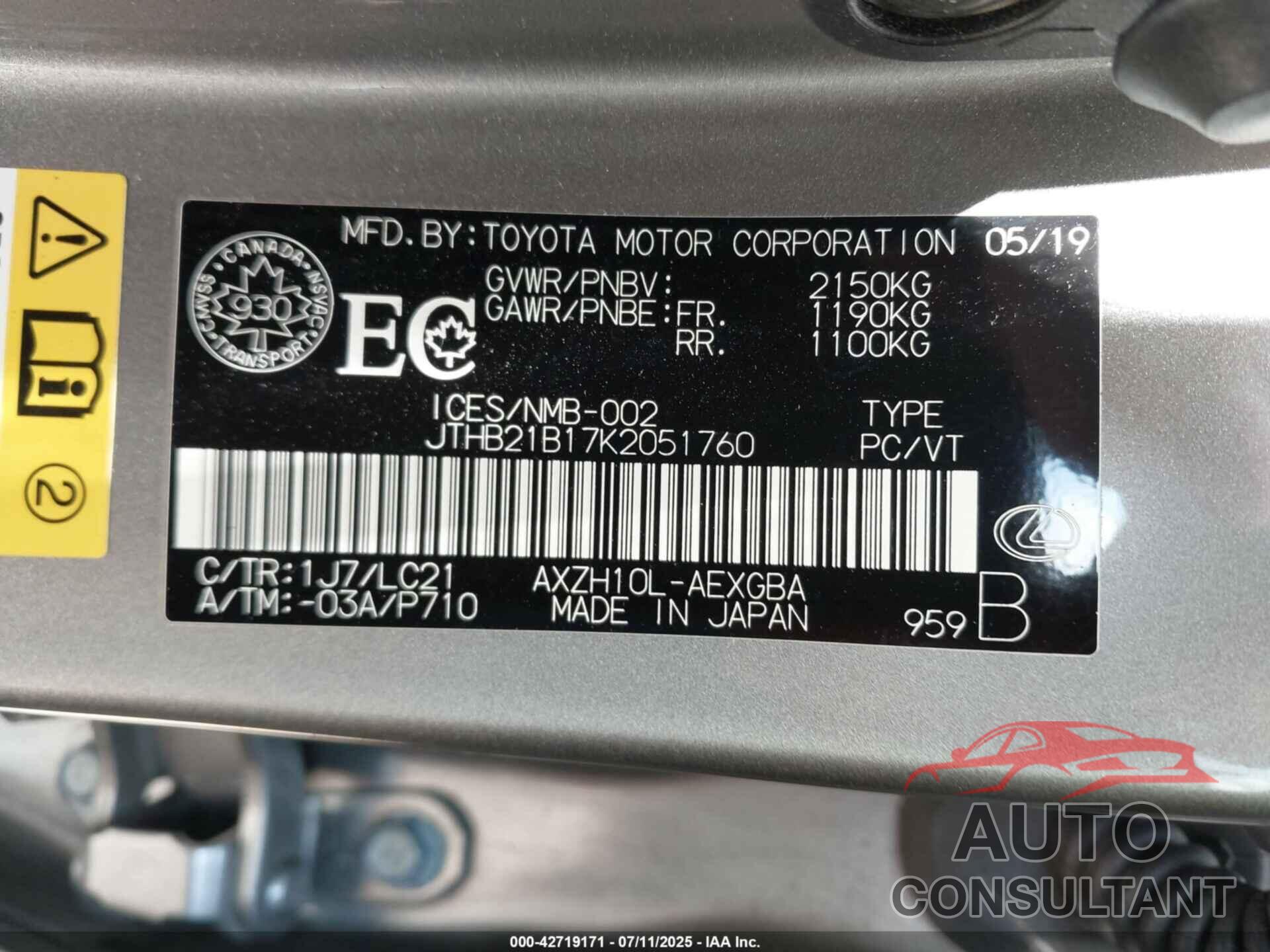 LEXUS ES 300H 2019 - JTHB21B17K2051760