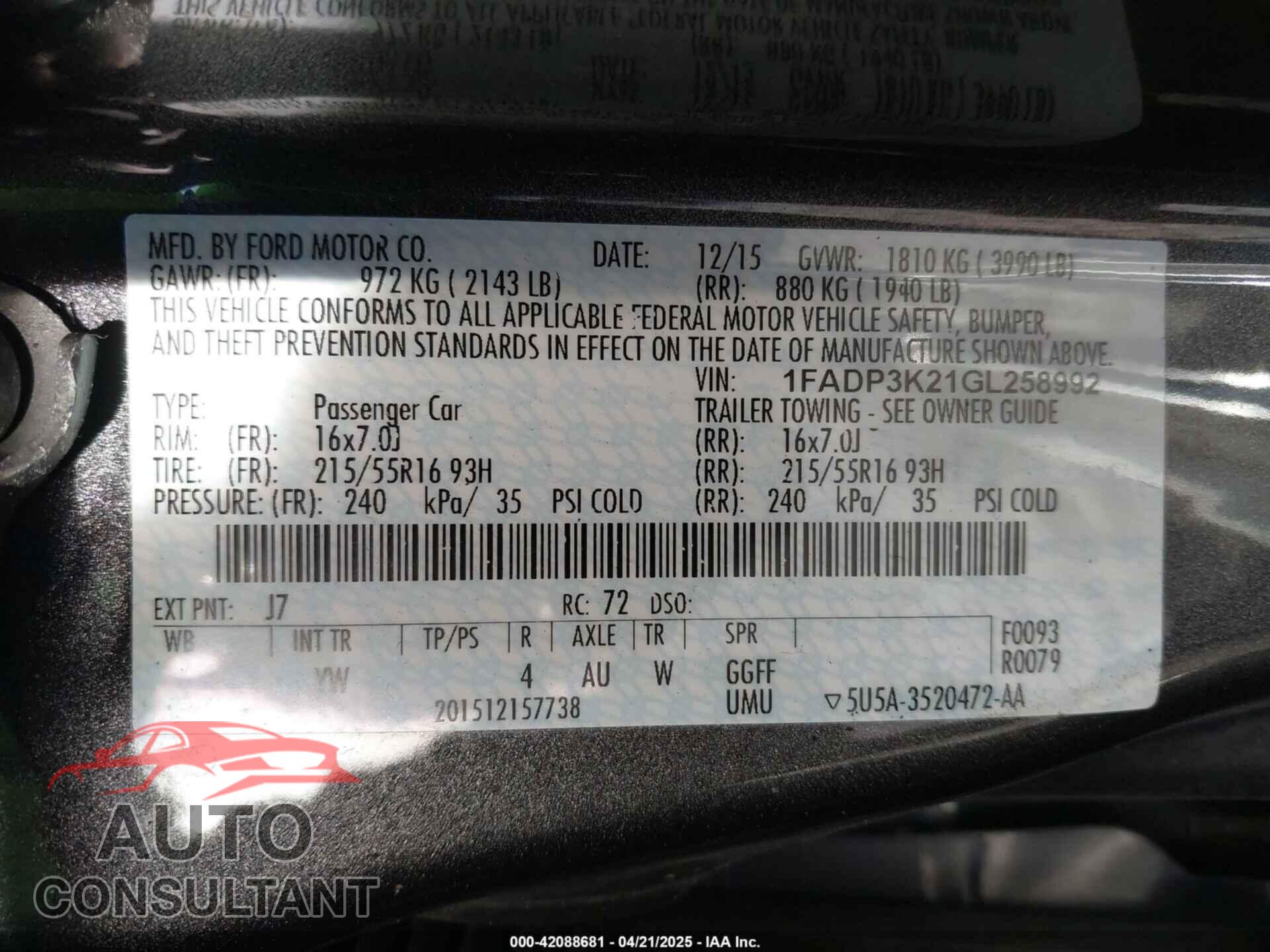 FORD FOCUS 2016 - 1FADP3K21GL258992