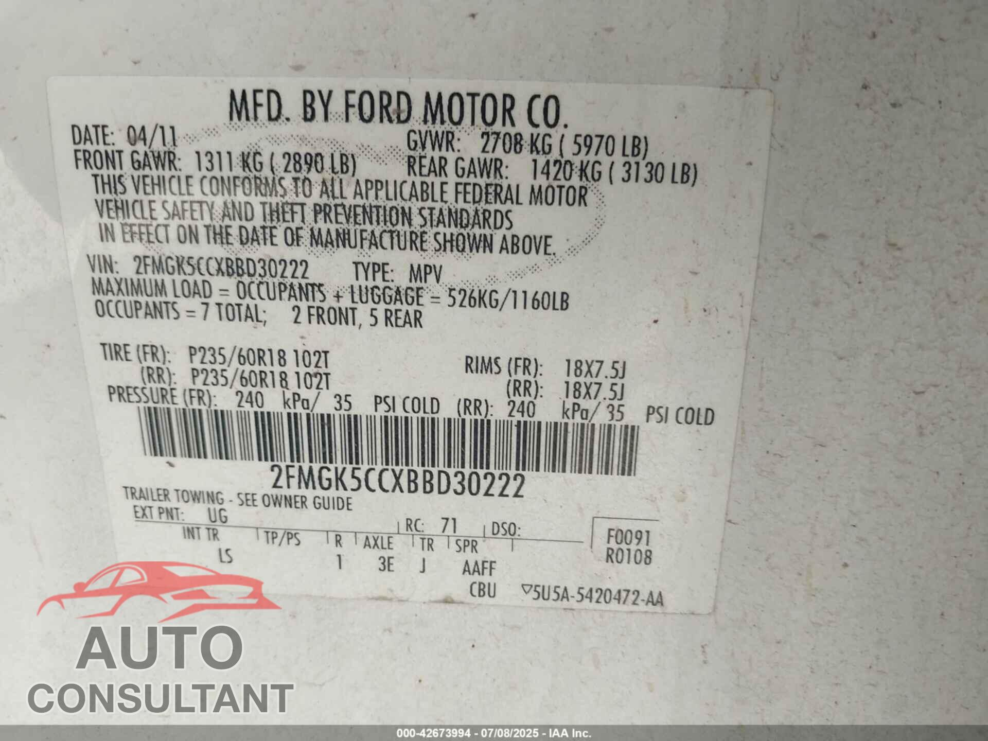 FORD FLEX 2011 - 2FMGK5CCXBBD30222