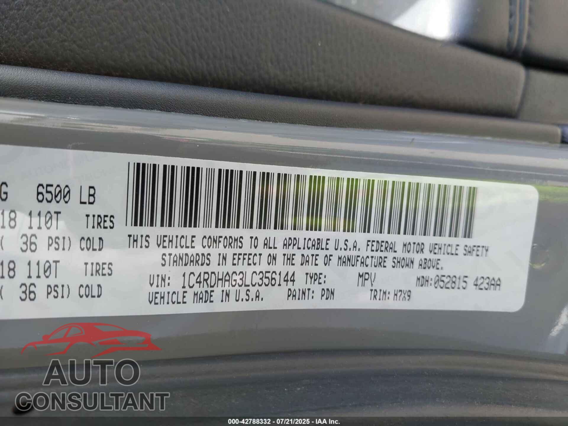 DODGE DURANGO 2020 - 1C4RDHAG3LC356144
