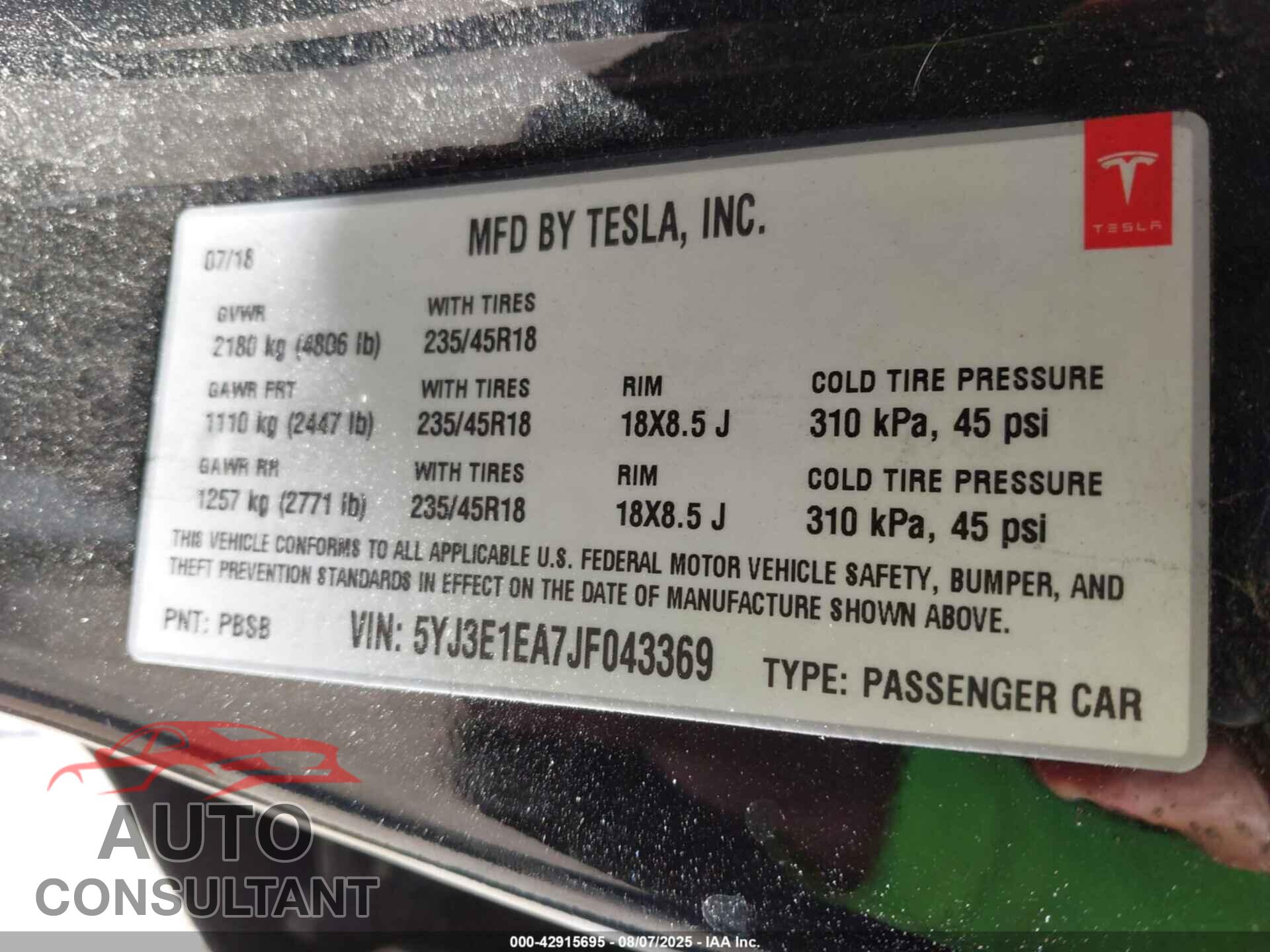 TESLA MODEL 3 2018 - 5YJ3E1EA7JF043369