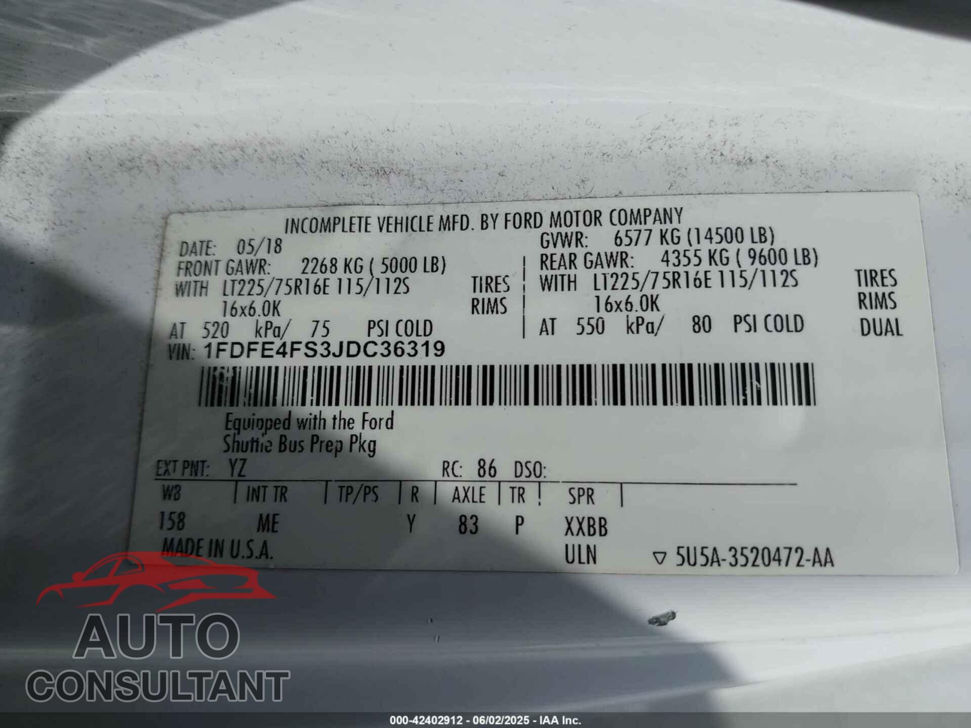 FORD E-450 CUTAWAY 2018 - 1FDFE4FS3JDC36319