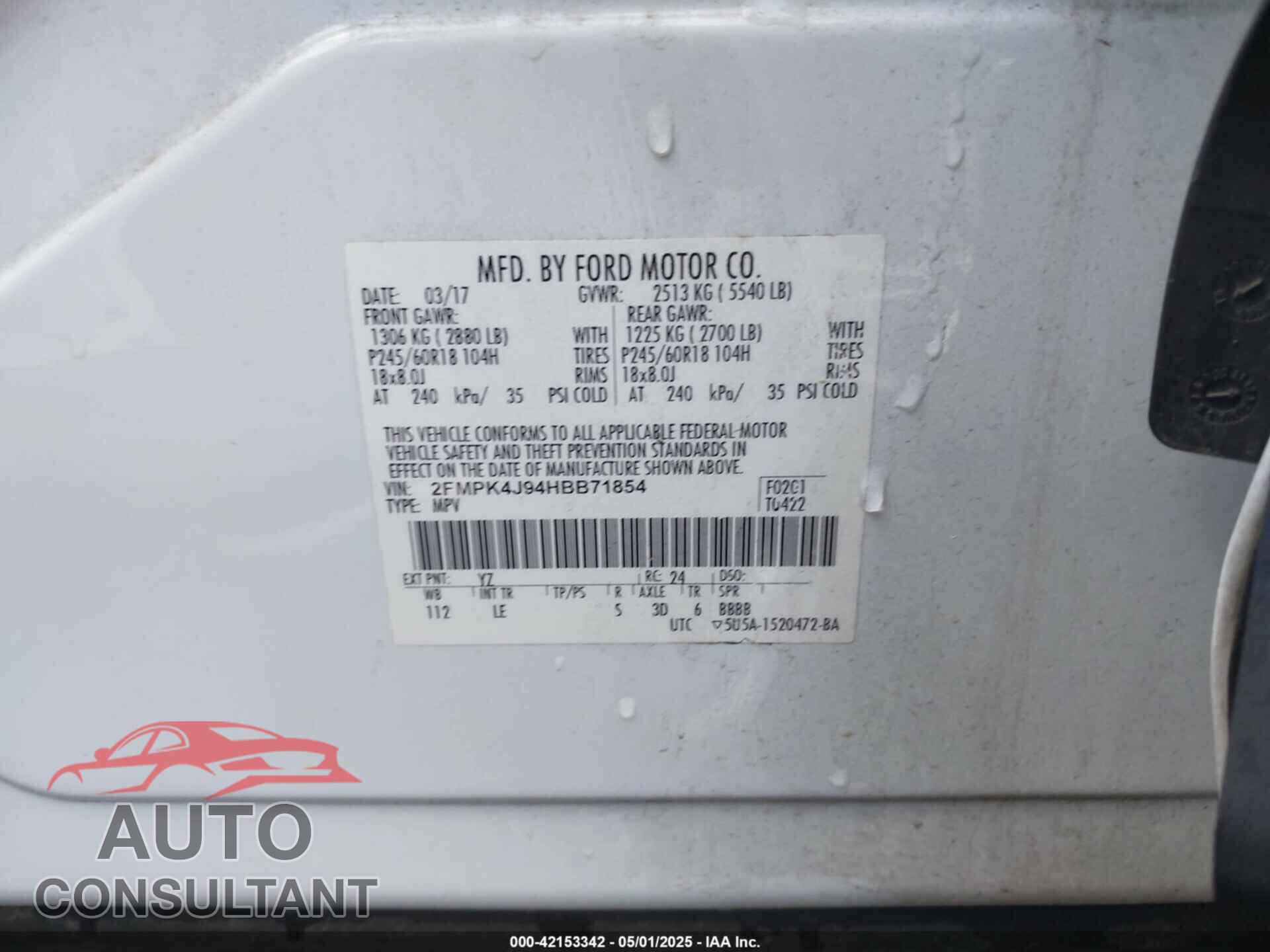 FORD EDGE 2017 - 2FMPK4J94HBB71854