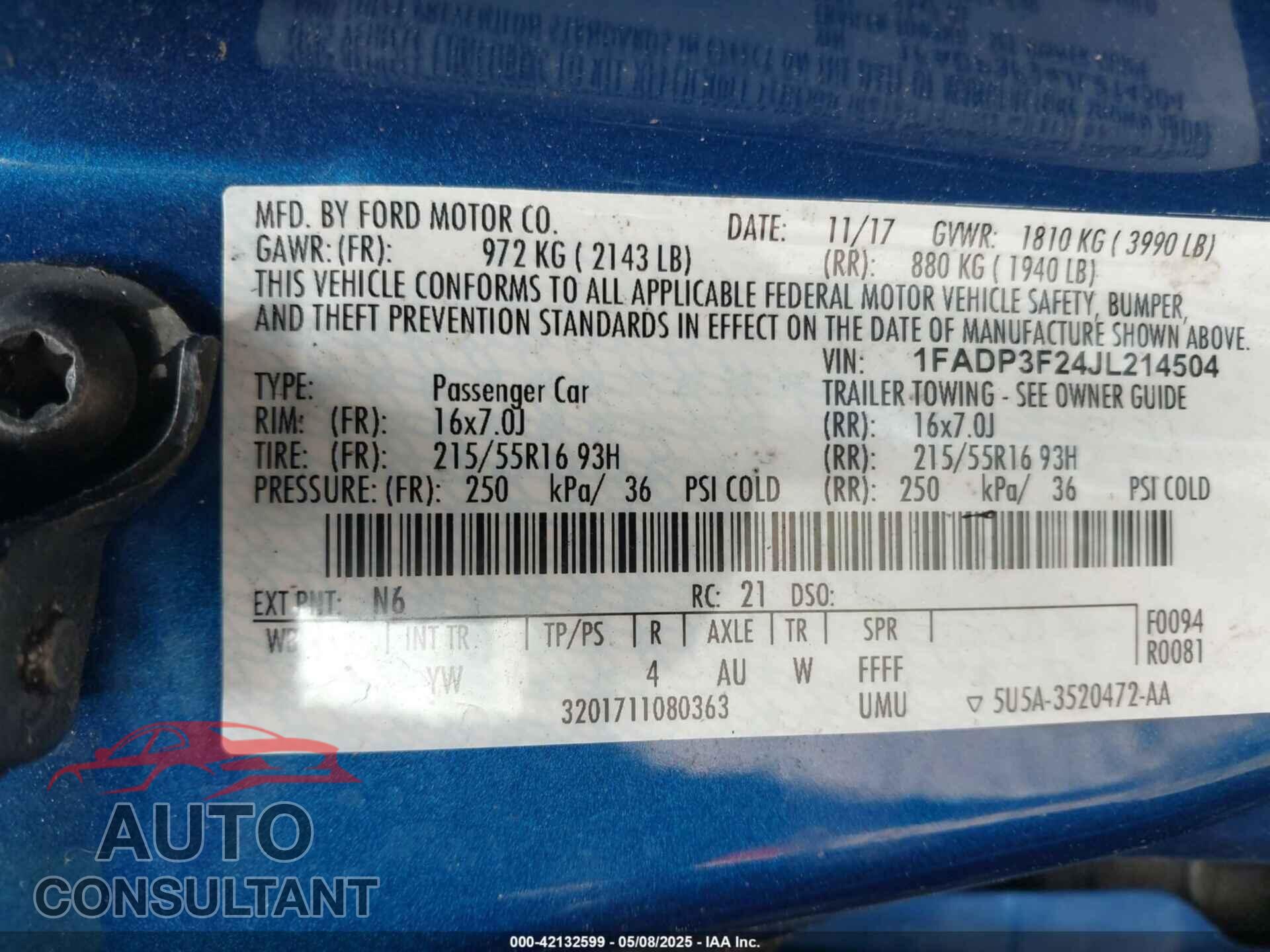 FORD FOCUS 2018 - 1FADP3F24JL214504