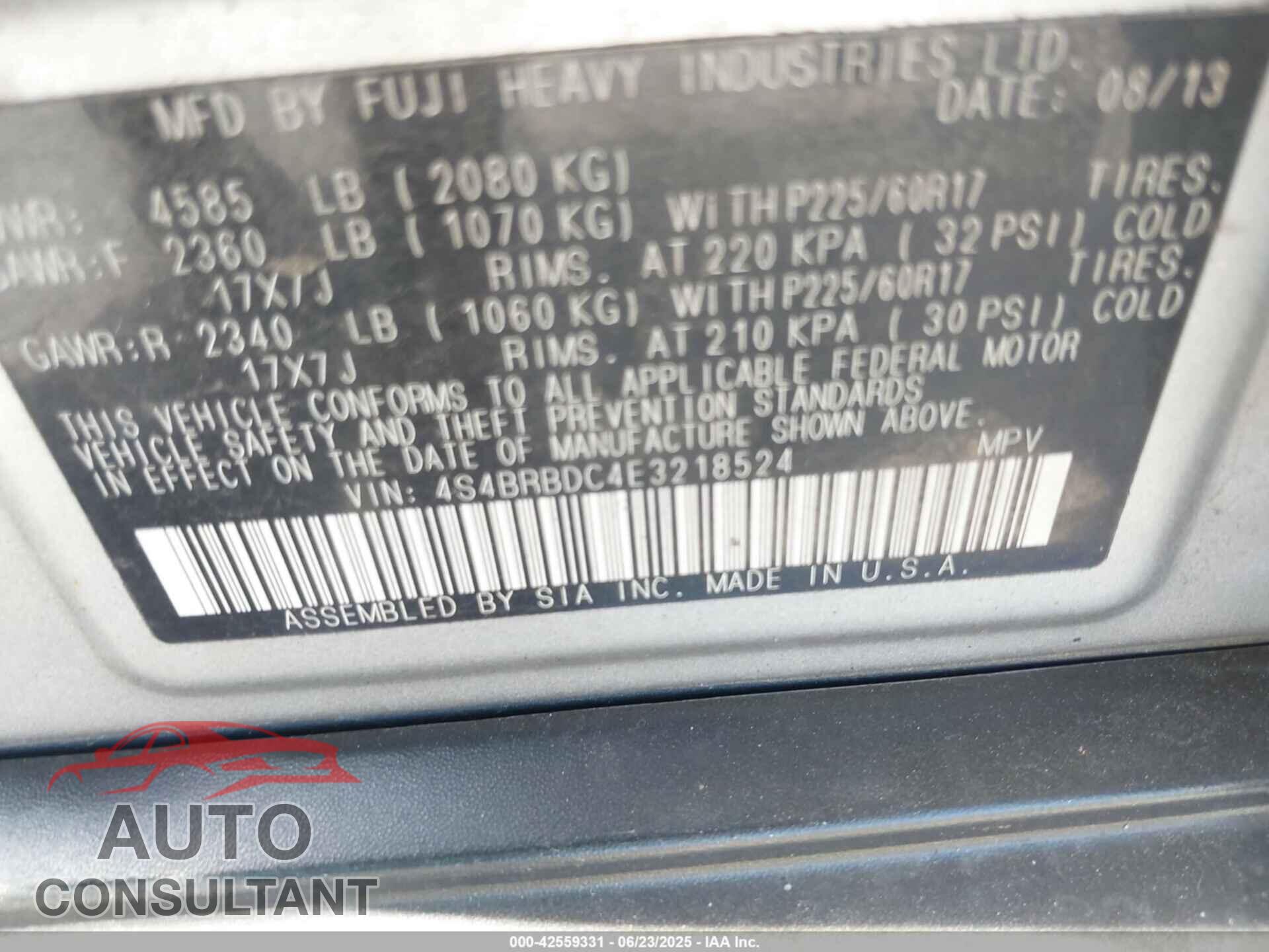 SUBARU OUTBACK 2014 - 4S4BRBDC4E3218524