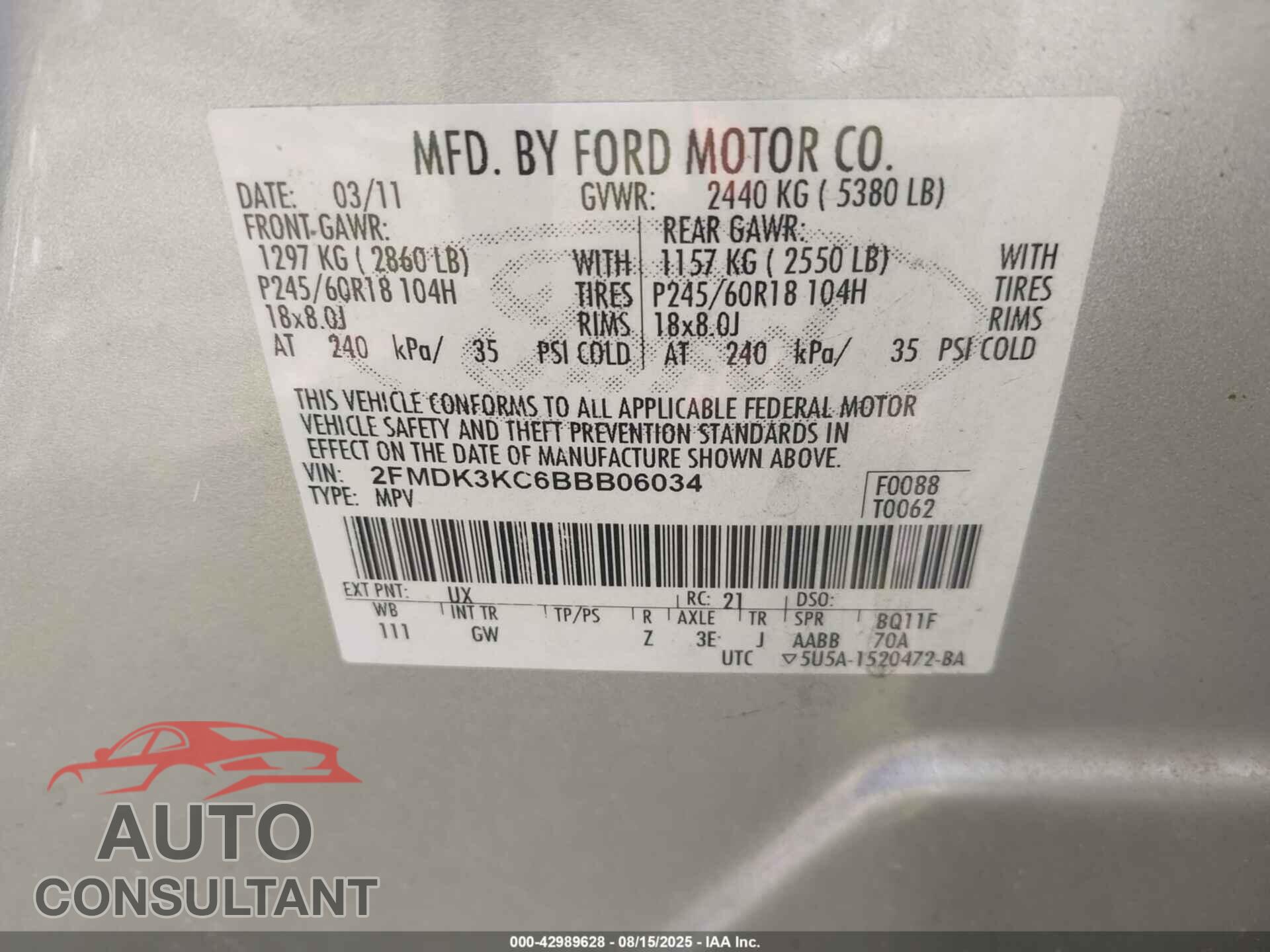 FORD EDGE 2011 - 2FMDK3KC6BBB06034