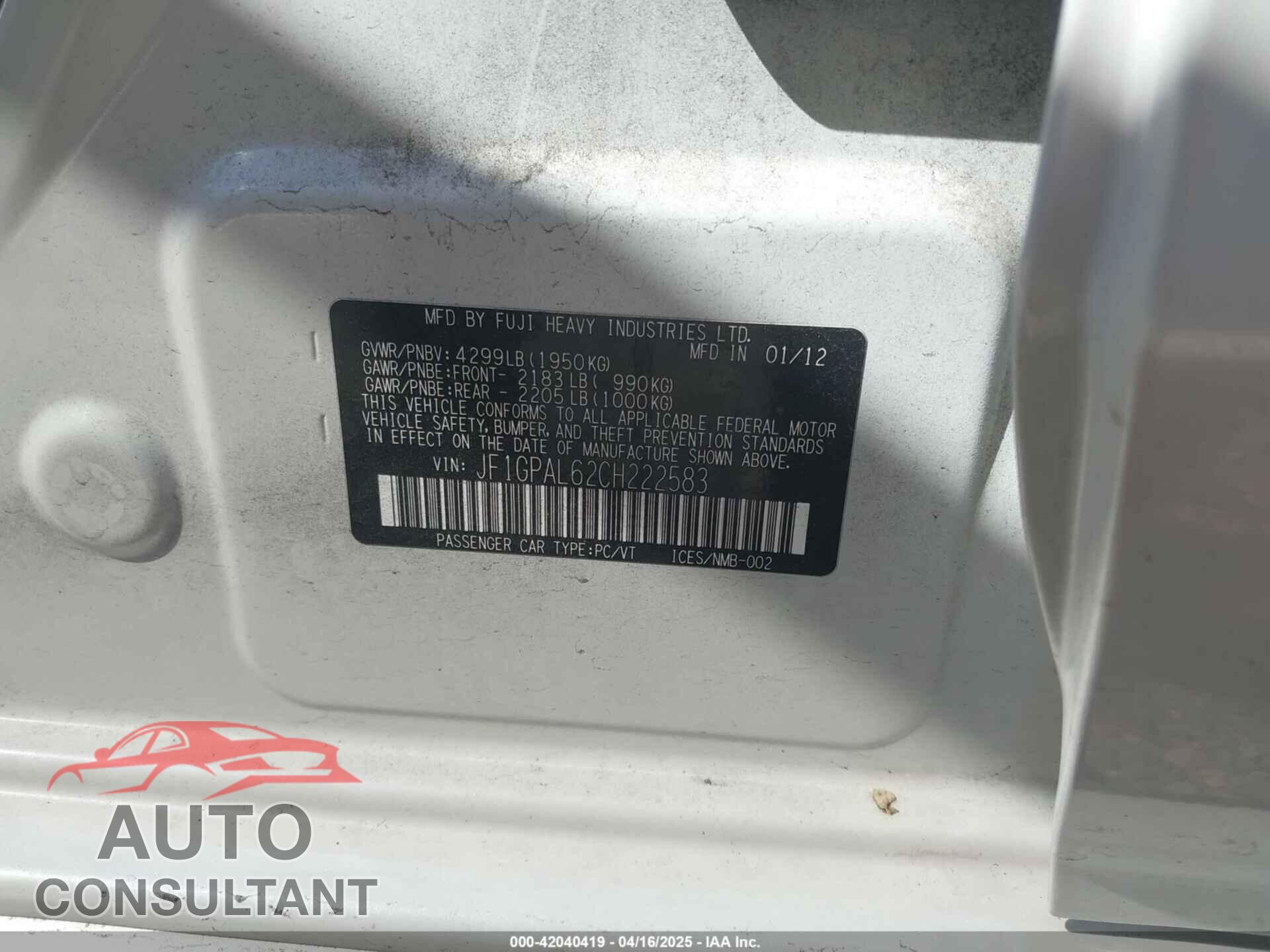 SUBARU IMPREZA 2012 - JF1GPAL62CH222583