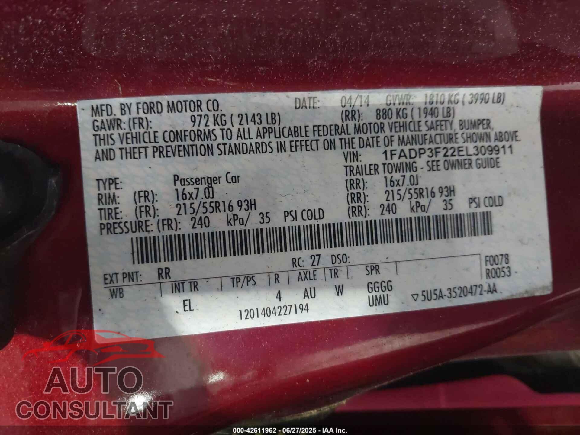 FORD FOCUS 2014 - 1FADP3F22EL309911