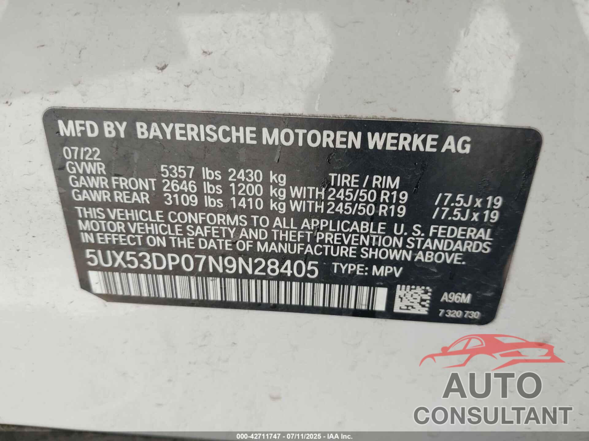 BMW X3 2022 - 5UX53DP07N9N28405