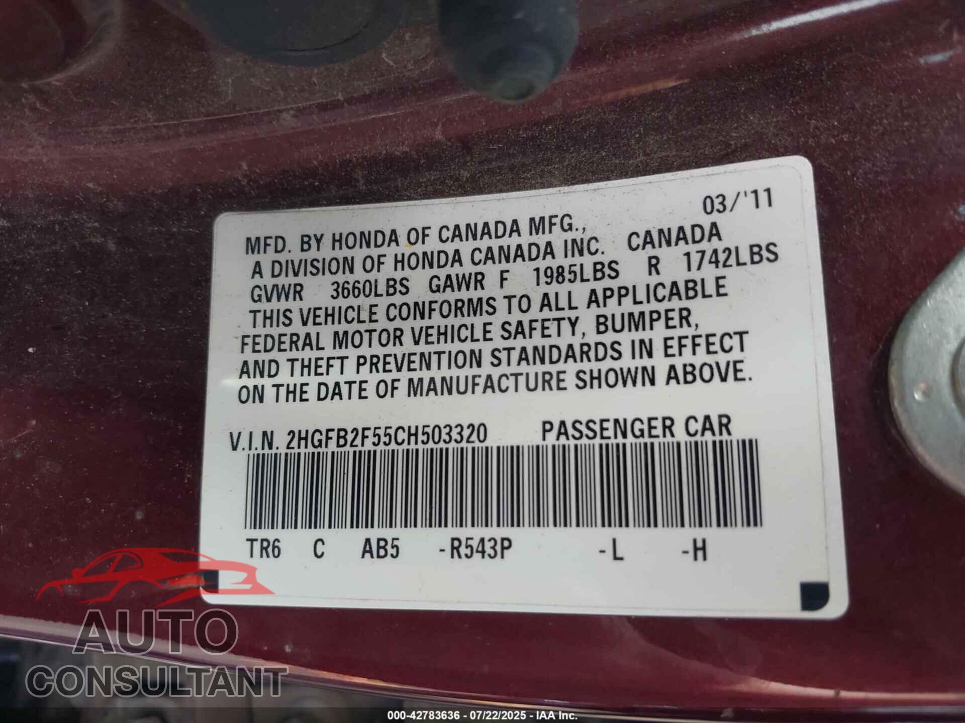 HONDA CIVIC 2012 - 2HGFB2F55CH503320