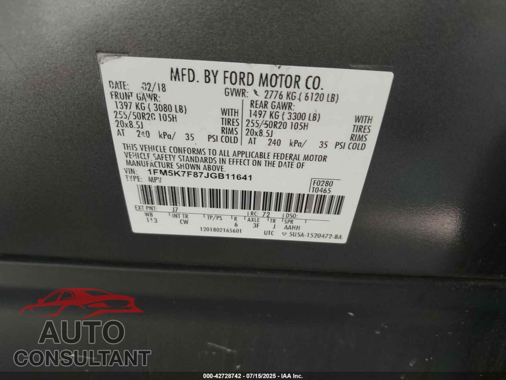 FORD EXPLORER 2018 - 1FM5K7F87JGB11641