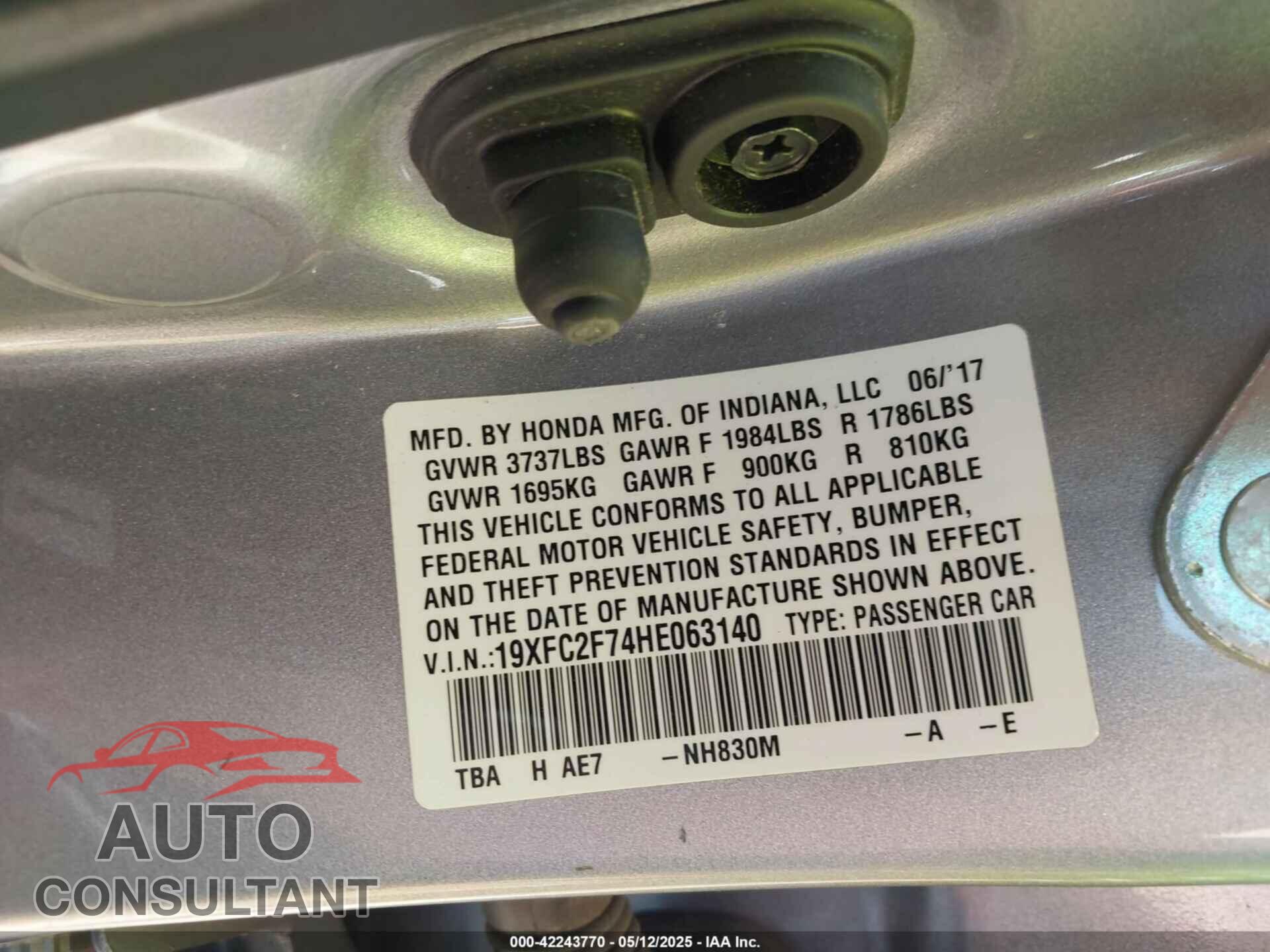 HONDA CIVIC 2017 - 19XFC2F74HE063140
