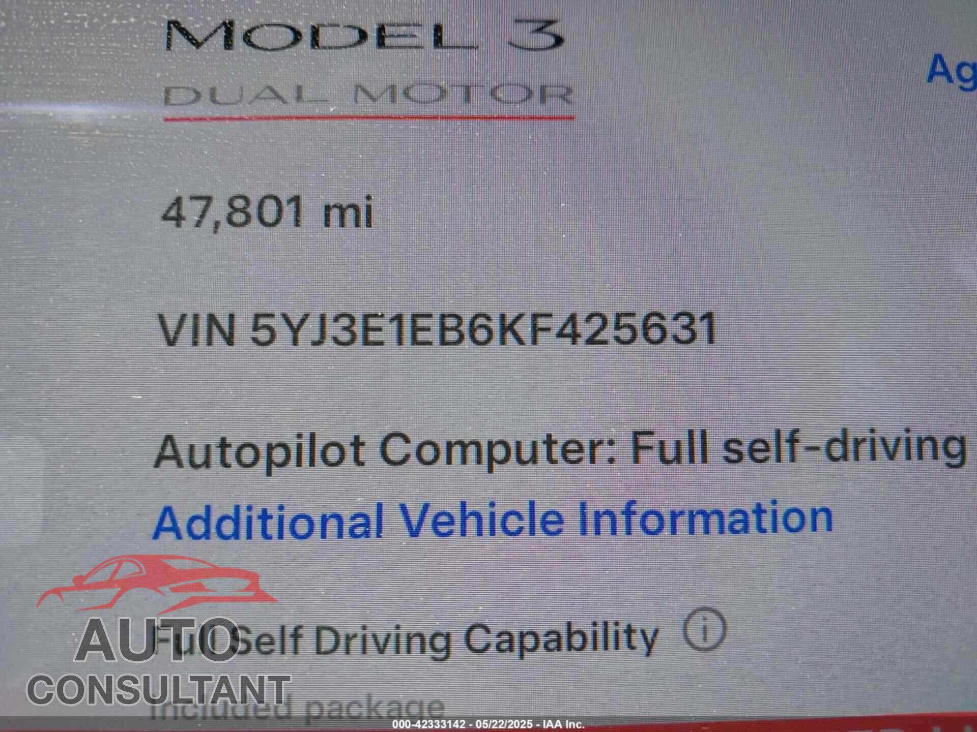 TESLA MODEL 3 2019 - 5YJ3E1EB6KF425631