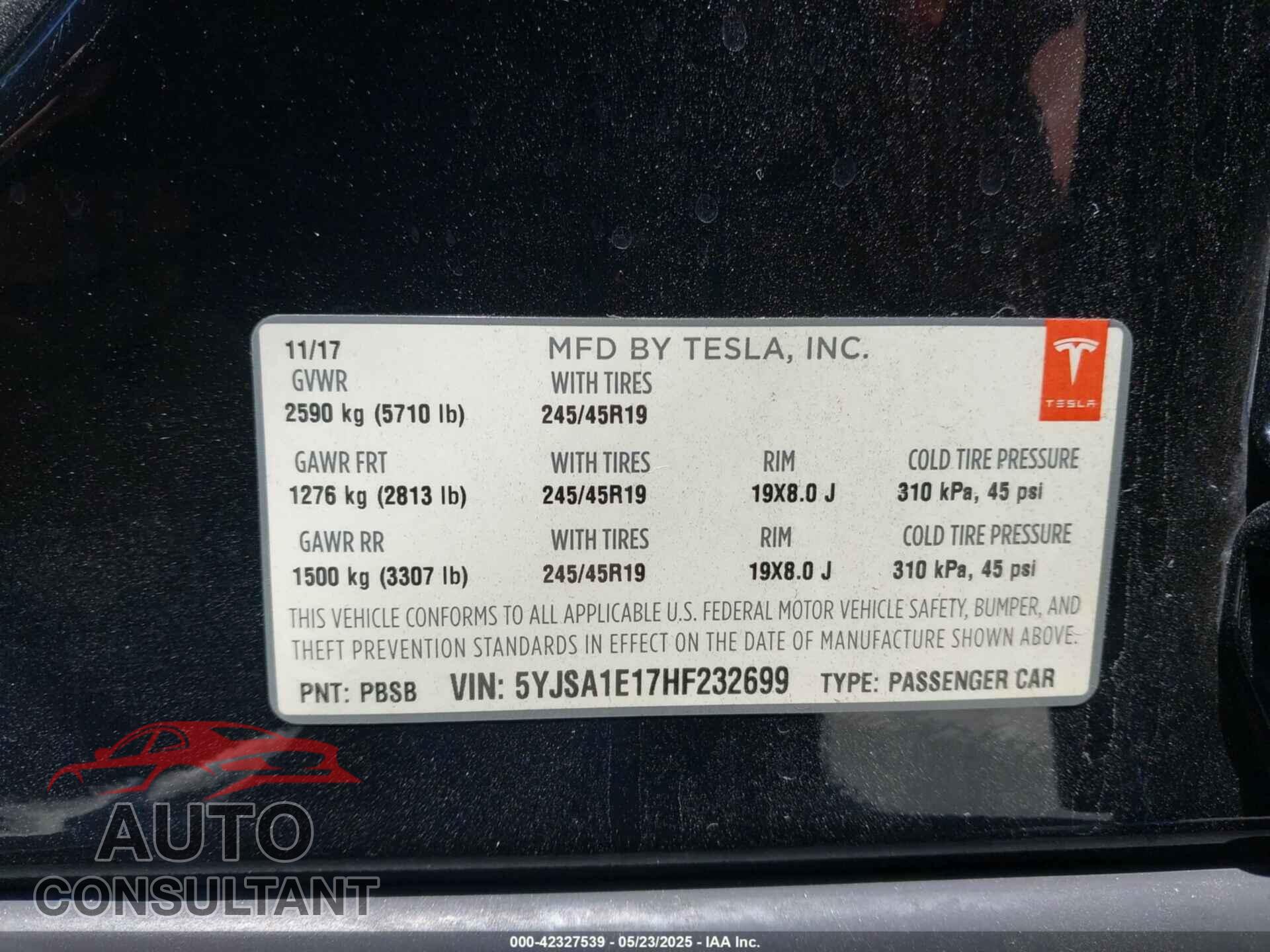 TESLA MODEL S 2017 - 5YJSA1E17HF232699