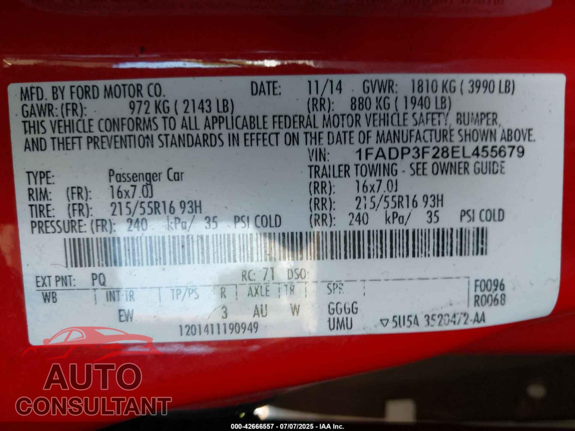 FORD FOCUS 2014 - 1FADP3F28EL455679