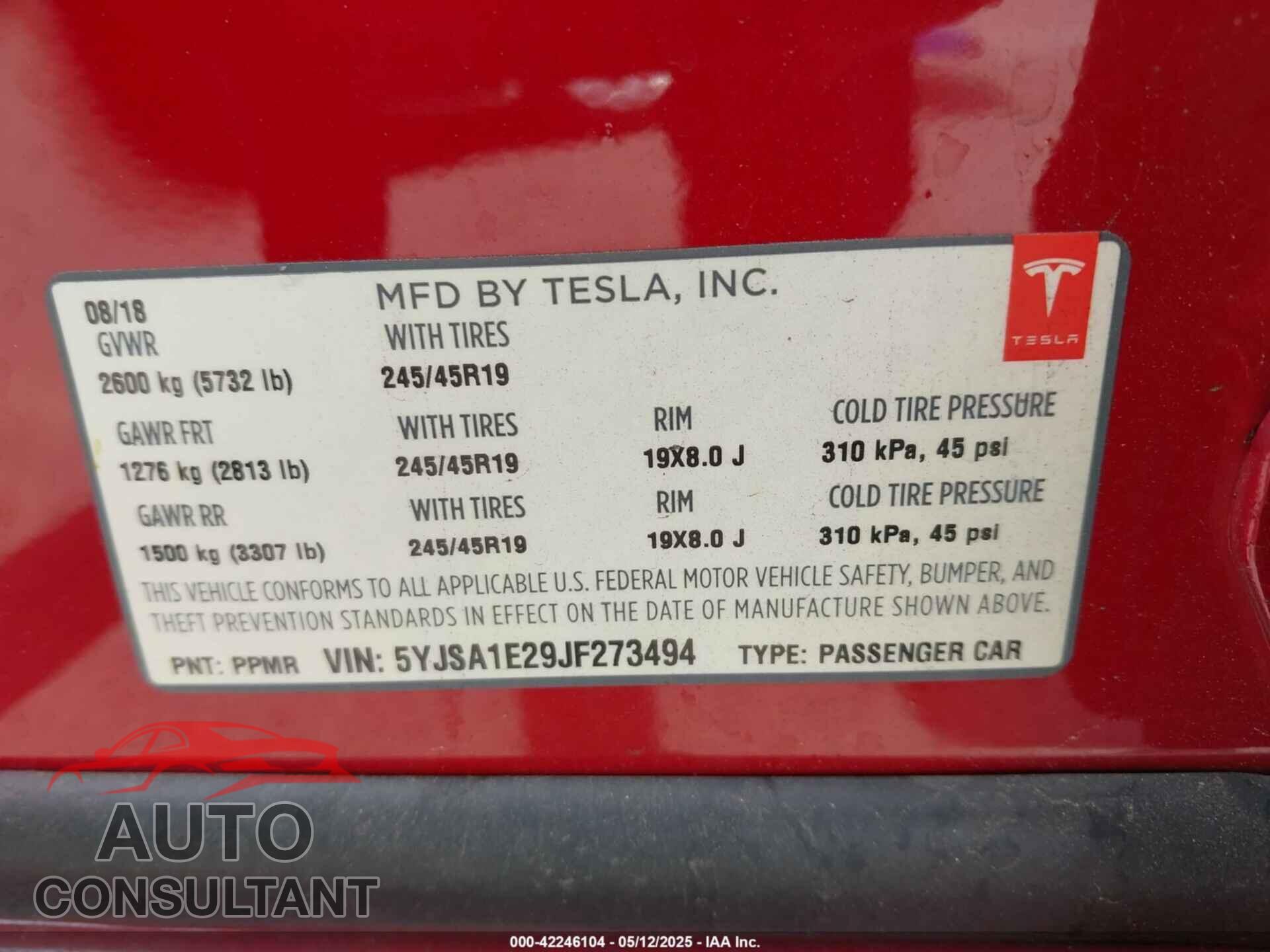 TESLA MODEL S 2018 - 5YJSA1E29JF273494