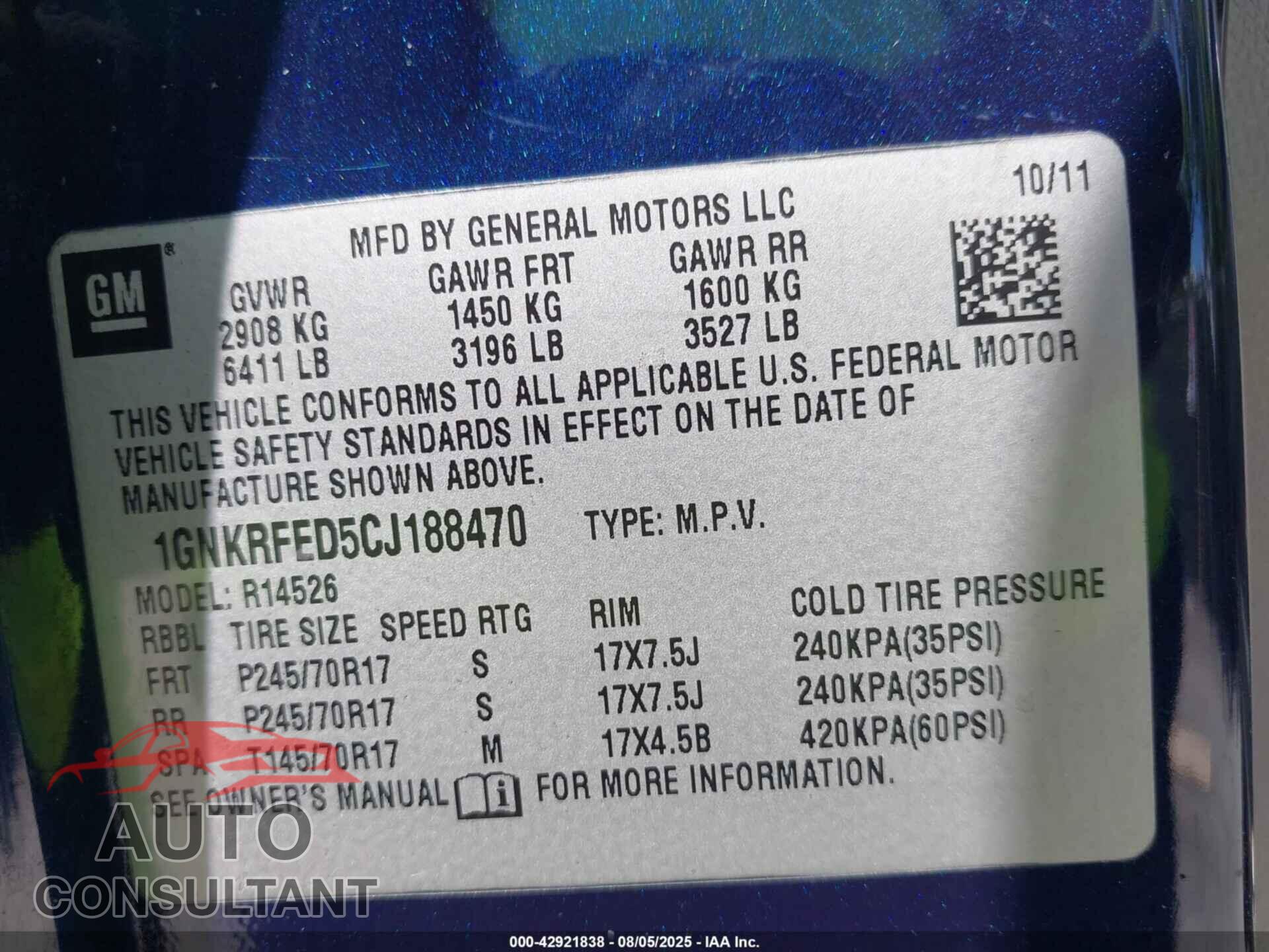 CHEVROLET TRAVERSE 2012 - 1GNKRFED5CJ188470