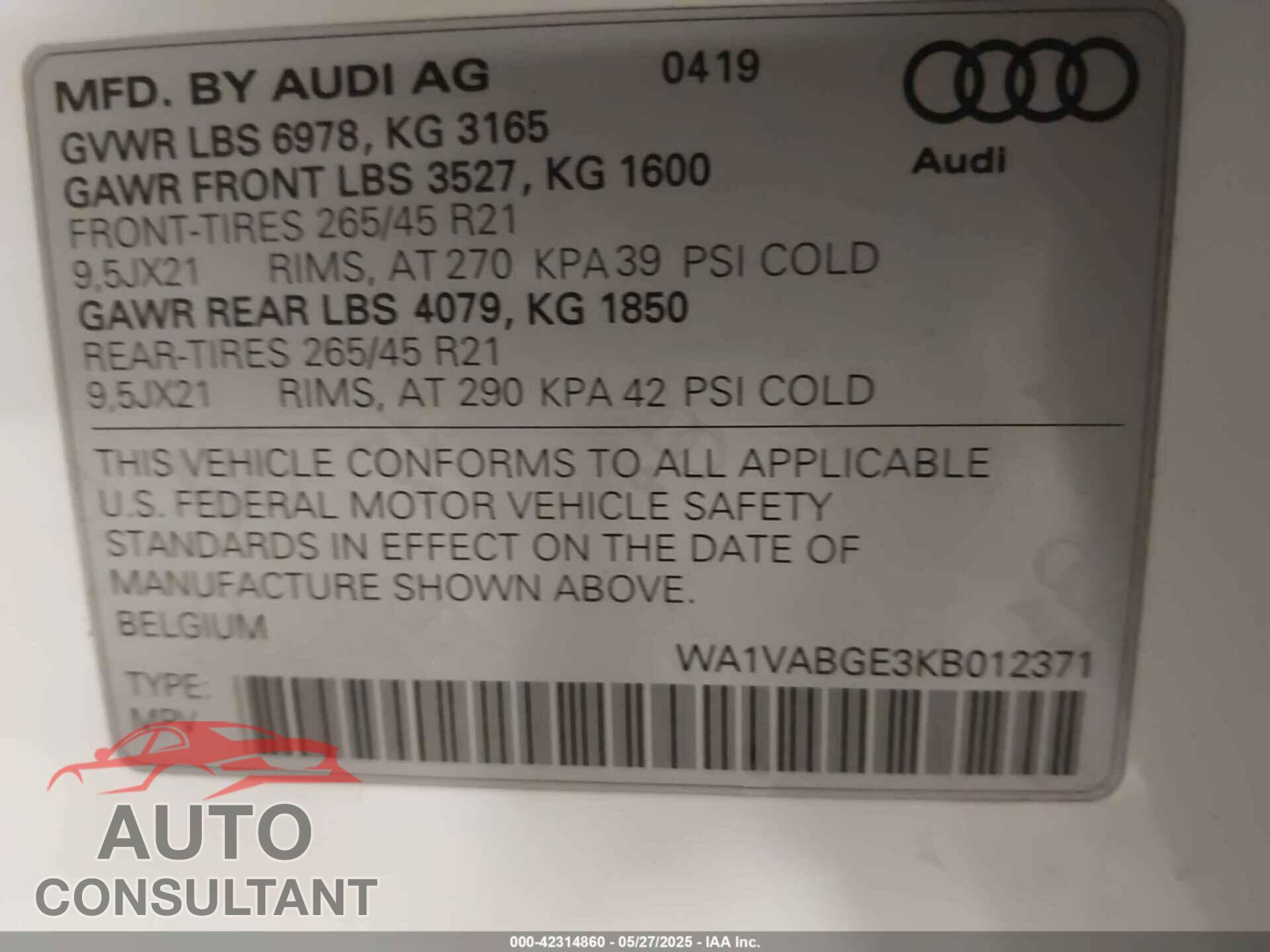 AUDI E-TRON 2019 - WA1VABGE3KB012371