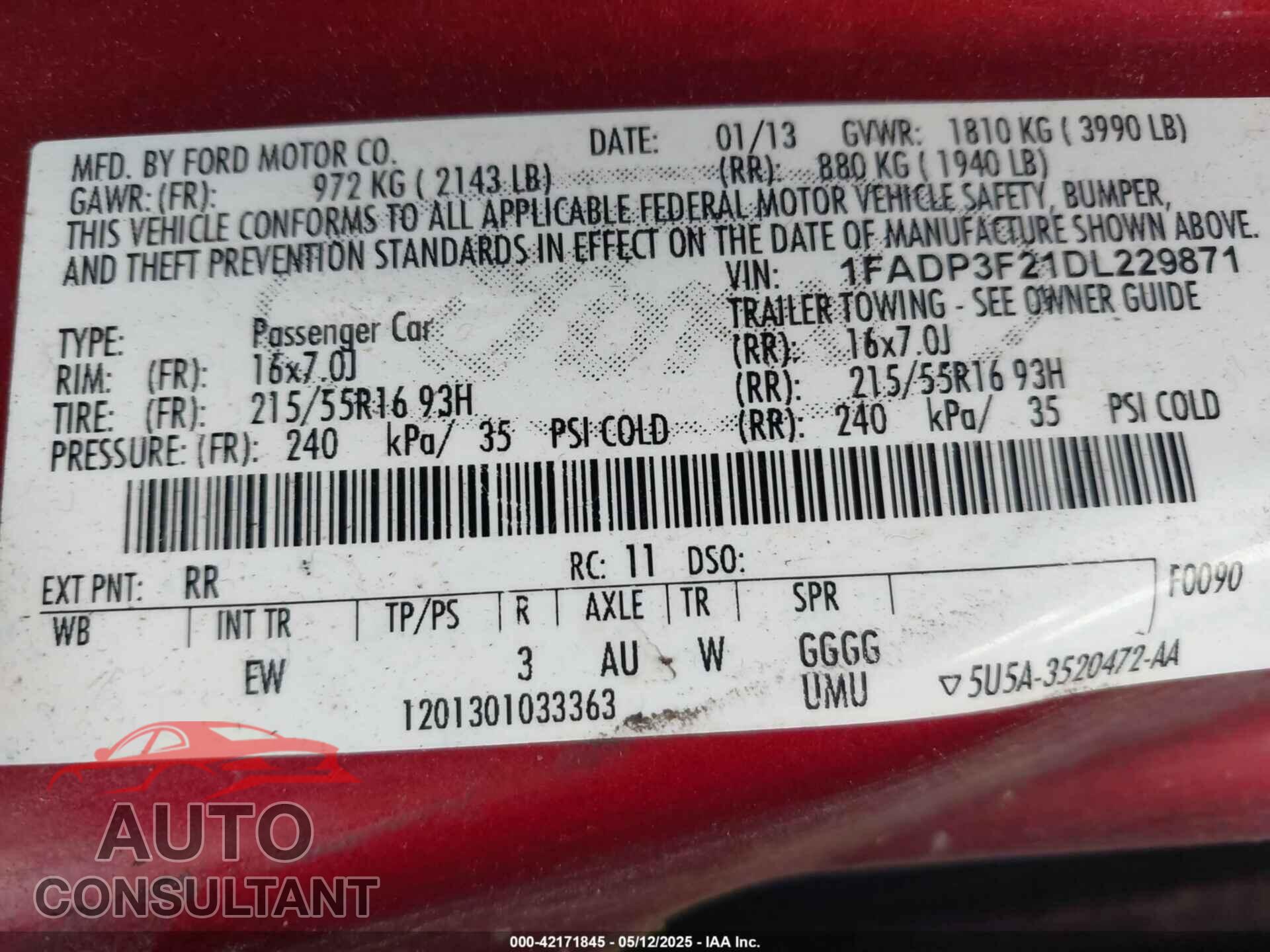FORD FOCUS 2013 - 1FADP3F21DL229871