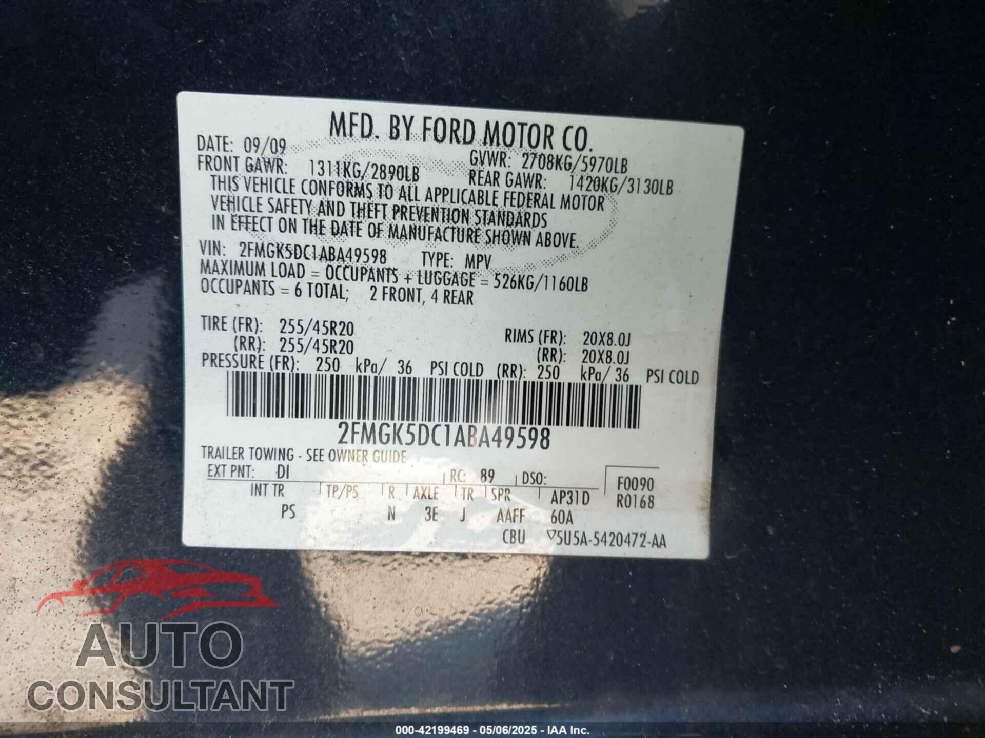 FORD FLEX 2010 - 2FMGK5DC1ABA49598