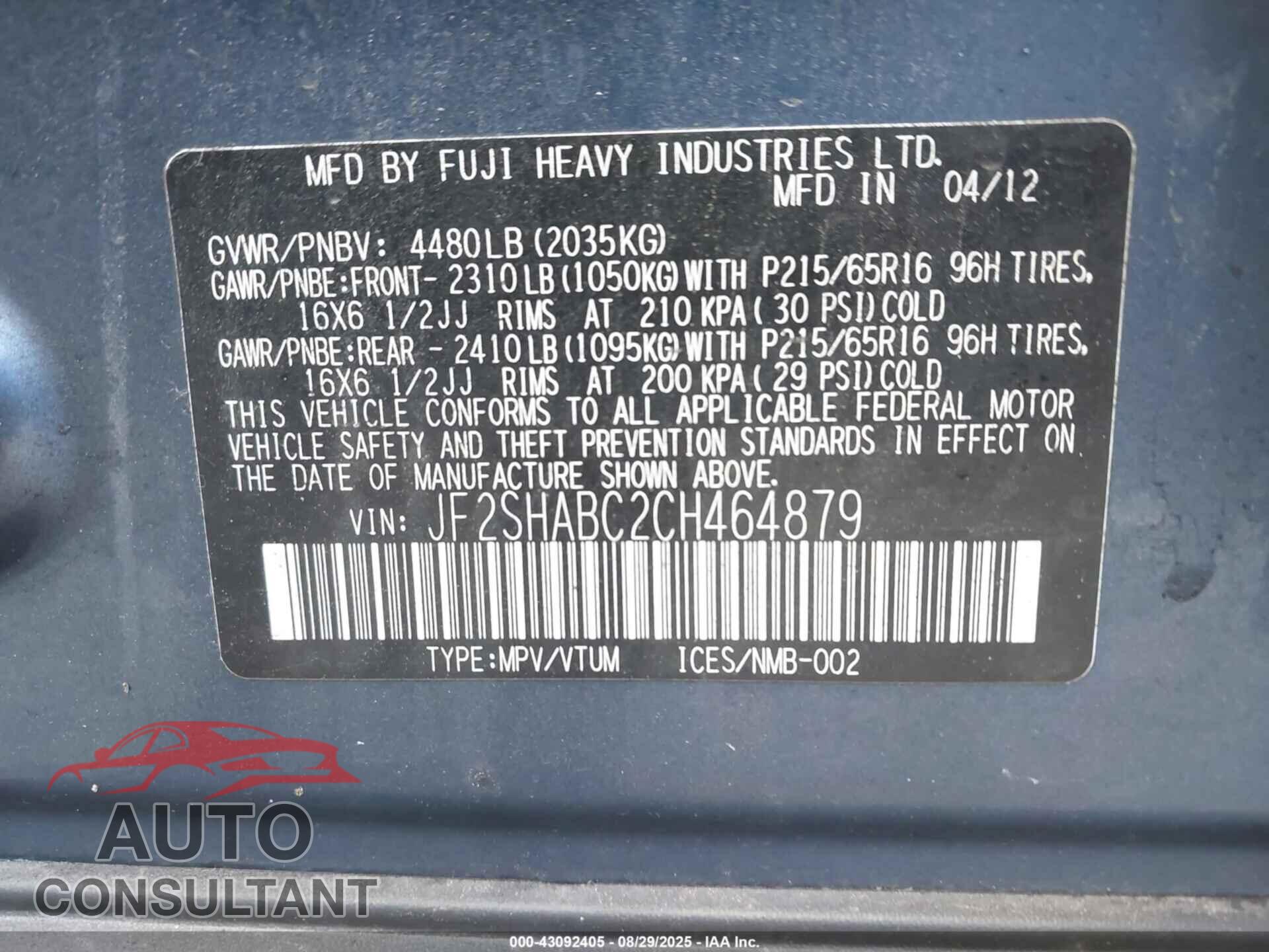 SUBARU FORESTER 2012 - JF2SHABC2CH464879