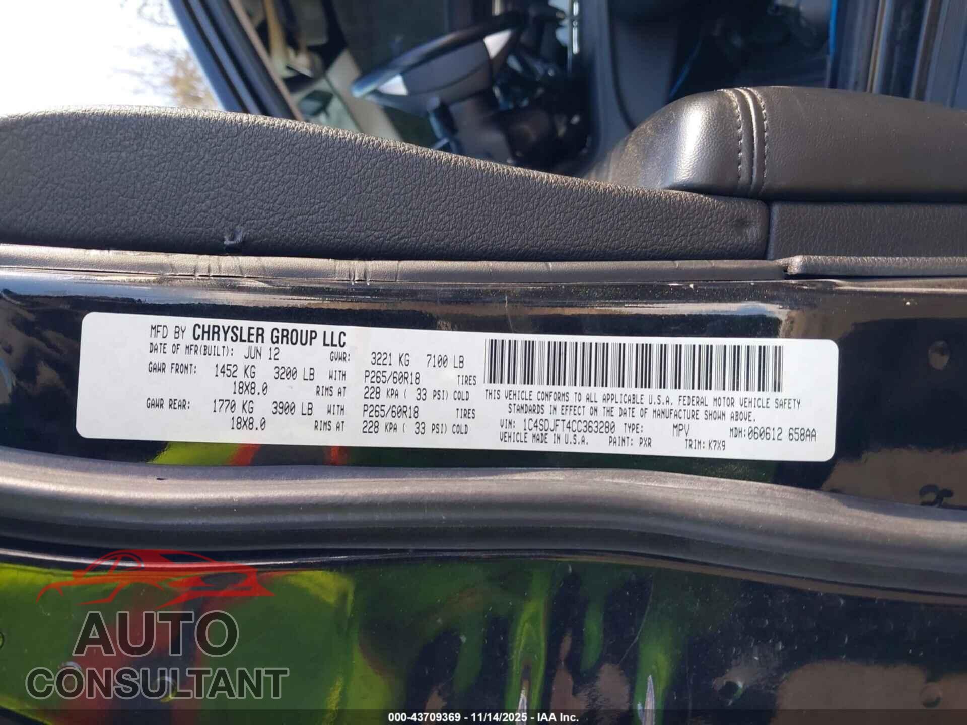 DODGE DURANGO 2012 - 1C4SDJFT4CC363280