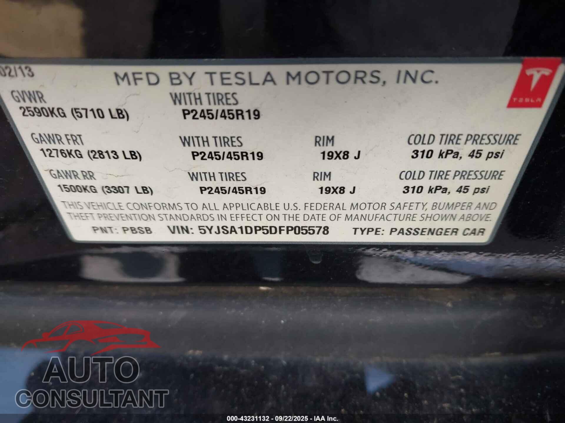TESLA MODEL S 2013 - 5YJSA1DP5DFP05578