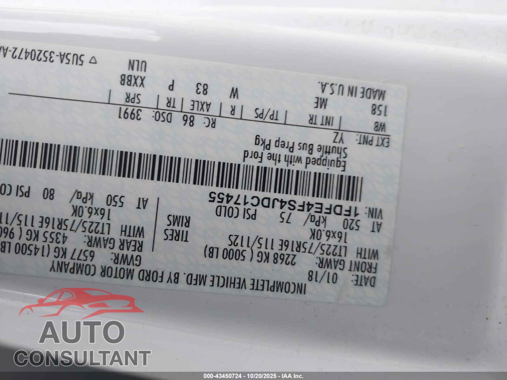 FORD E-450 CUTAWAY 2018 - 1FDFE4FS4JDC17455