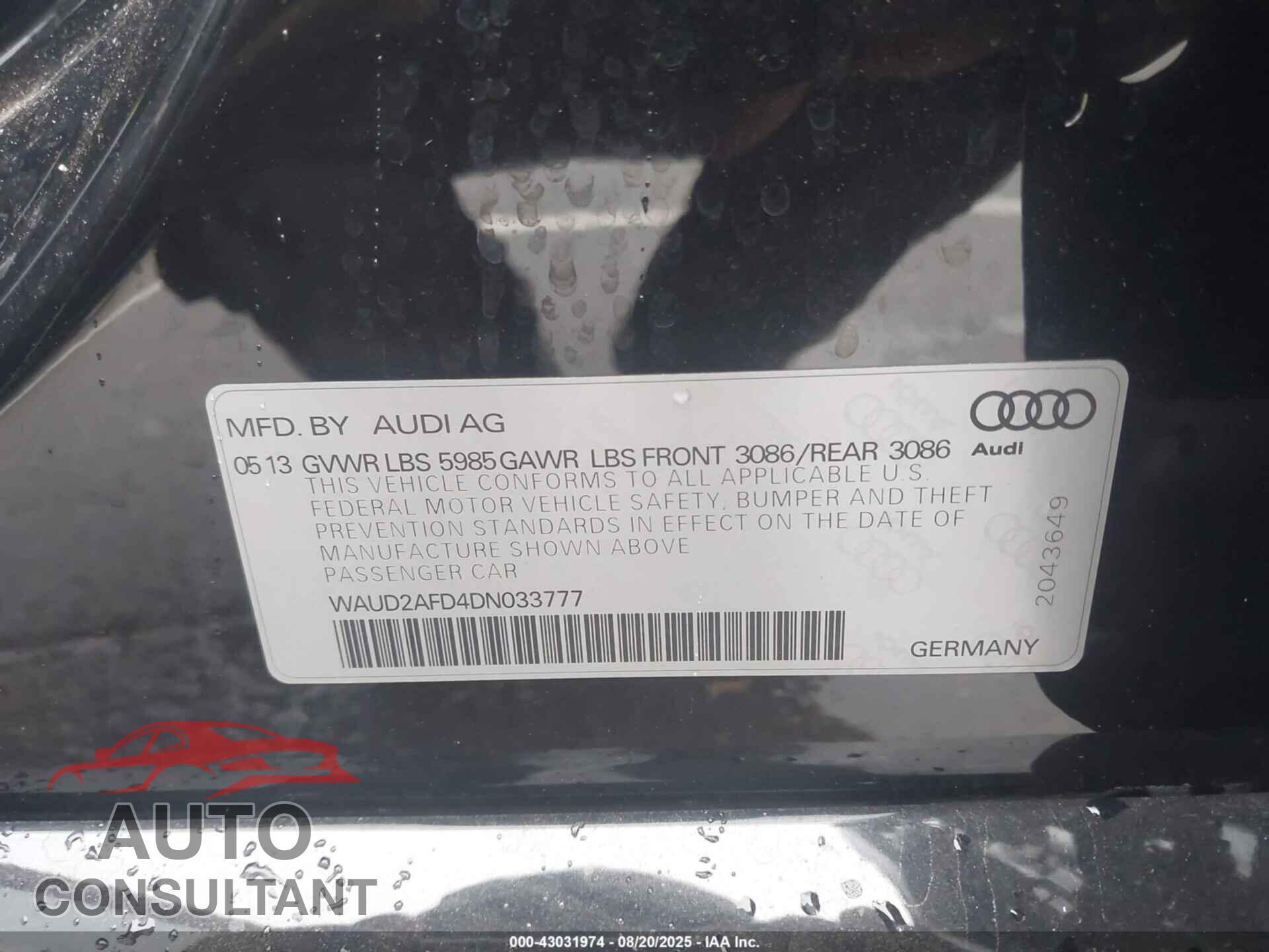 AUDI S8 2013 - WAUD2AFD4DN033777